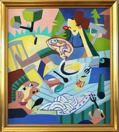 1986 Vintage Modernist Cubist Abstrakte Figurative Ölgemälde - Cubist Picknick