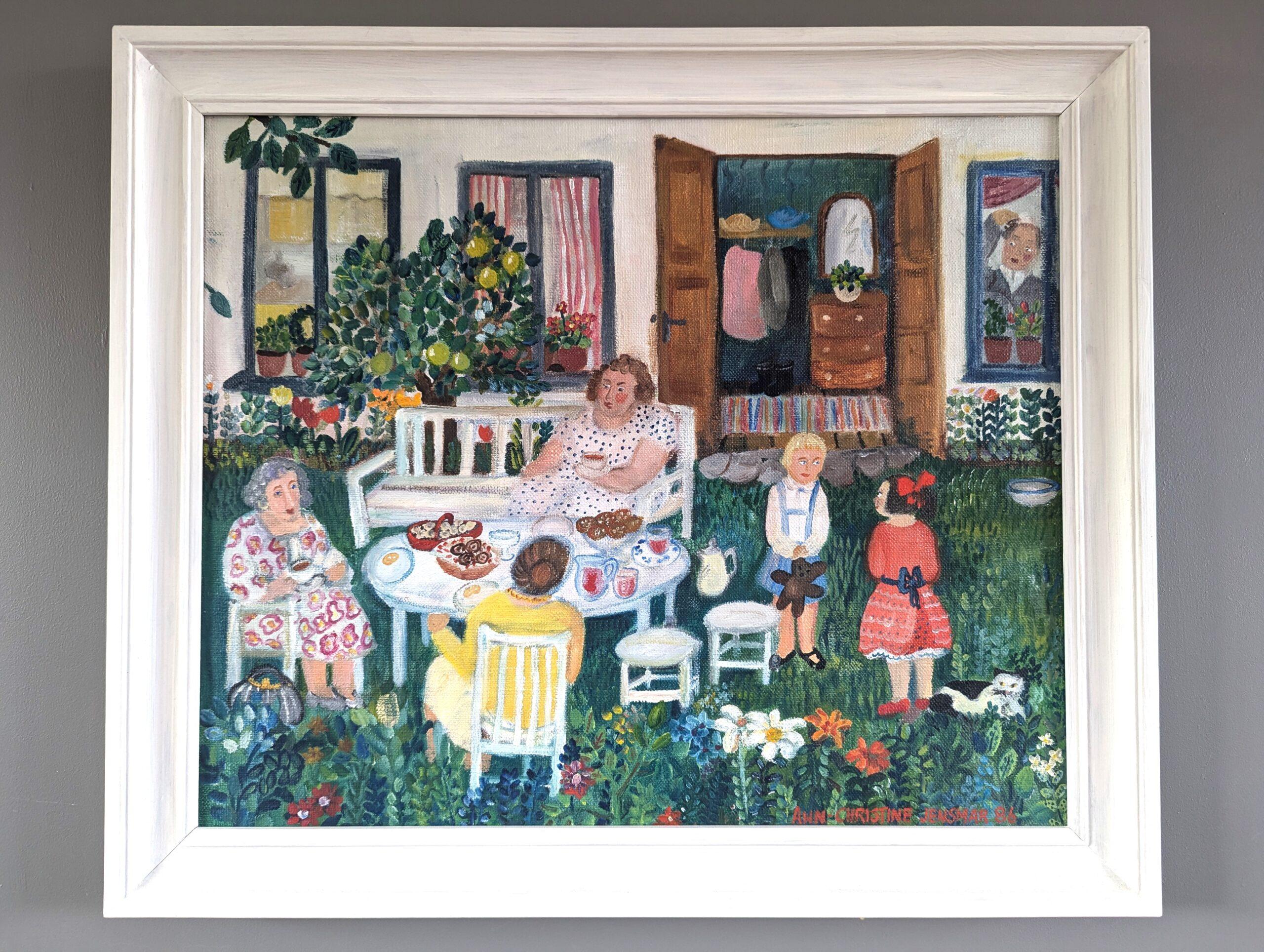 1986 Vintage Modernista Paisaje Original Pintura al Óleo - Garden Tea Party - Painting de Unknown