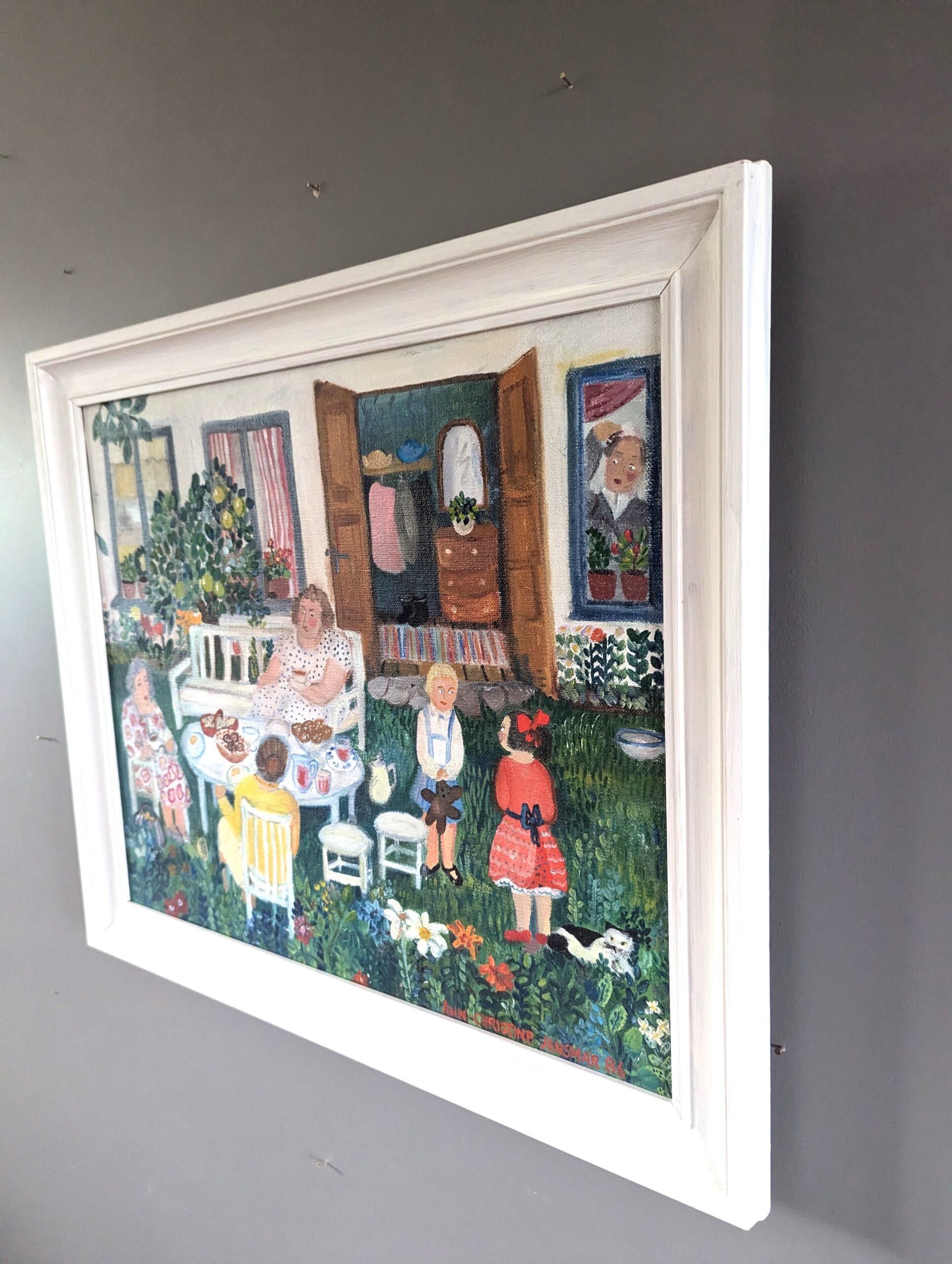 1986 Vintage Modernista Paisaje Original Pintura al Óleo - Garden Tea Party - Painting Moderno de Unknown