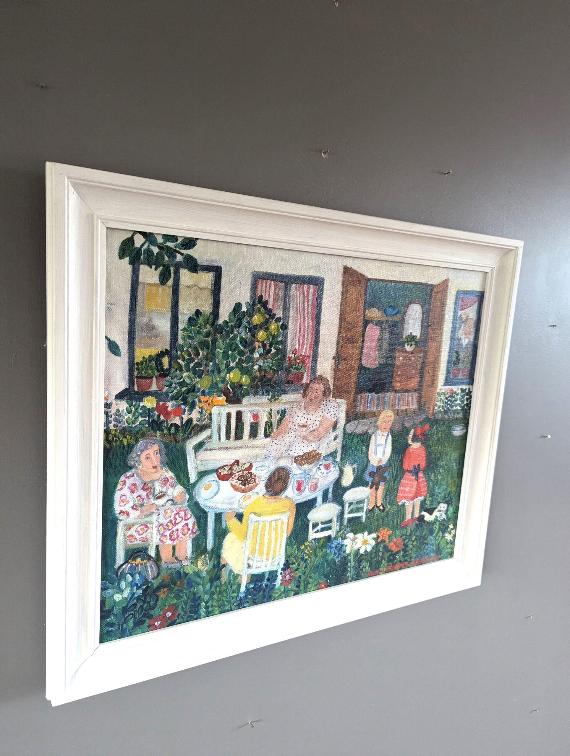 1986 Vintage Modernista Paisaje Original Pintura al Óleo - Garden Tea Party - Figurative Painting Gris de Unknown