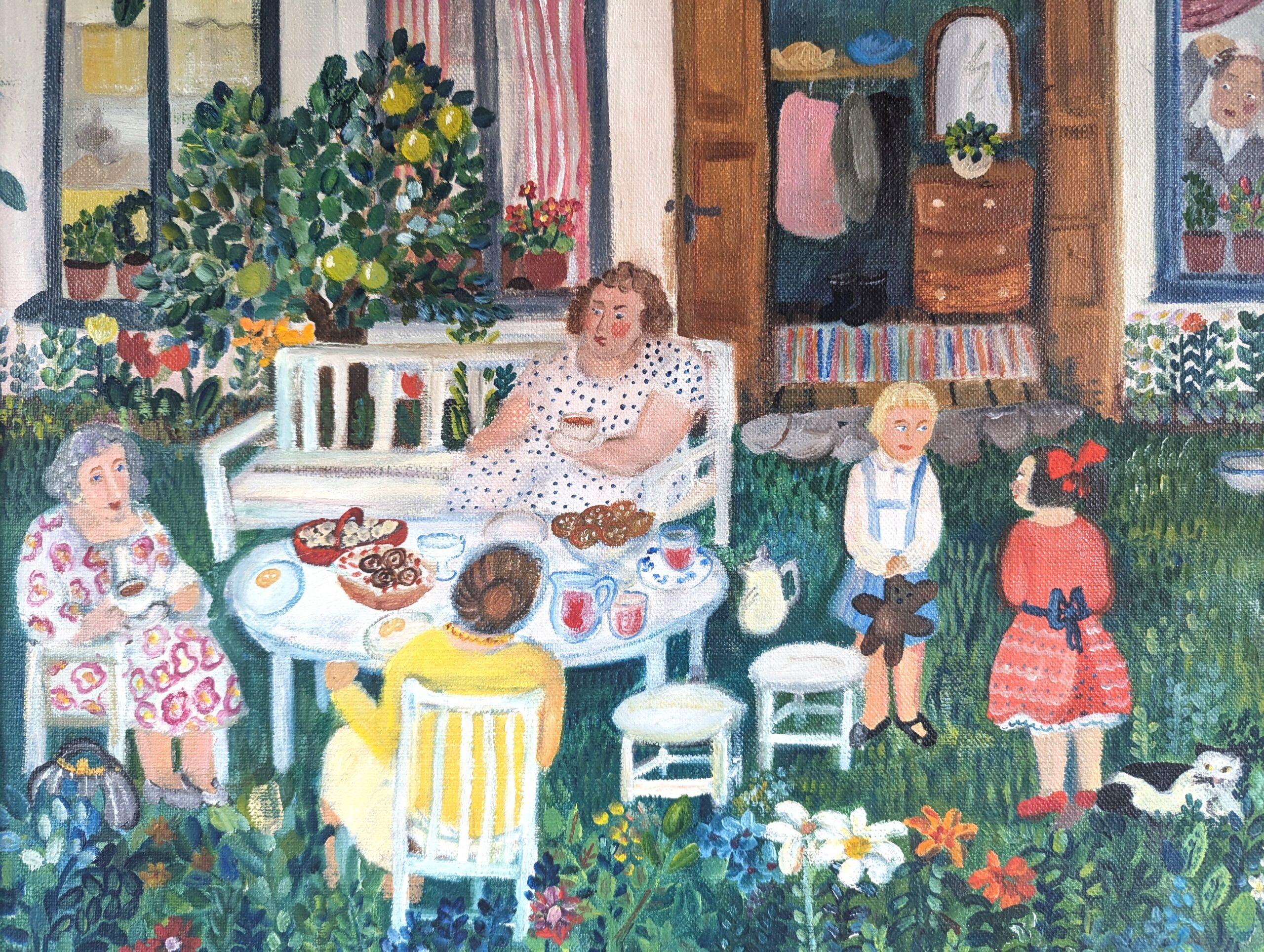 FIESTA DEL TÉ EN EL JARDÍN
Tamaño: 46 x 54 cm (marco incluido)
Óleo sobre lienzo

Brillante y vivaz composición modernista al óleo, pintada sobre lienzo y fechada en 1986.

Este cuadro es una representación viva e íntima de una reunión familiar en
