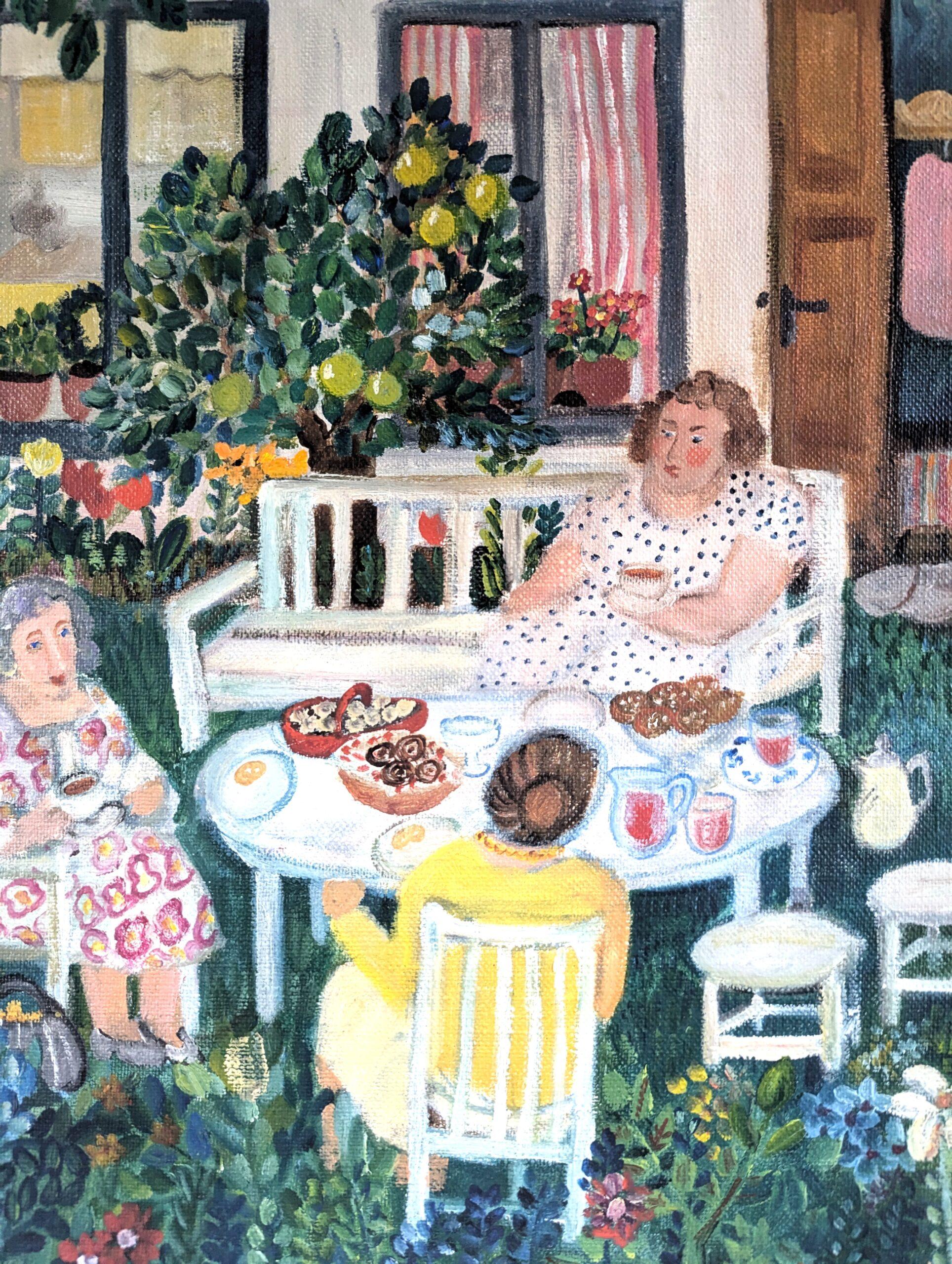 1986 Vintage Modernista Paisaje Original Pintura al Óleo - Garden Tea Party 1