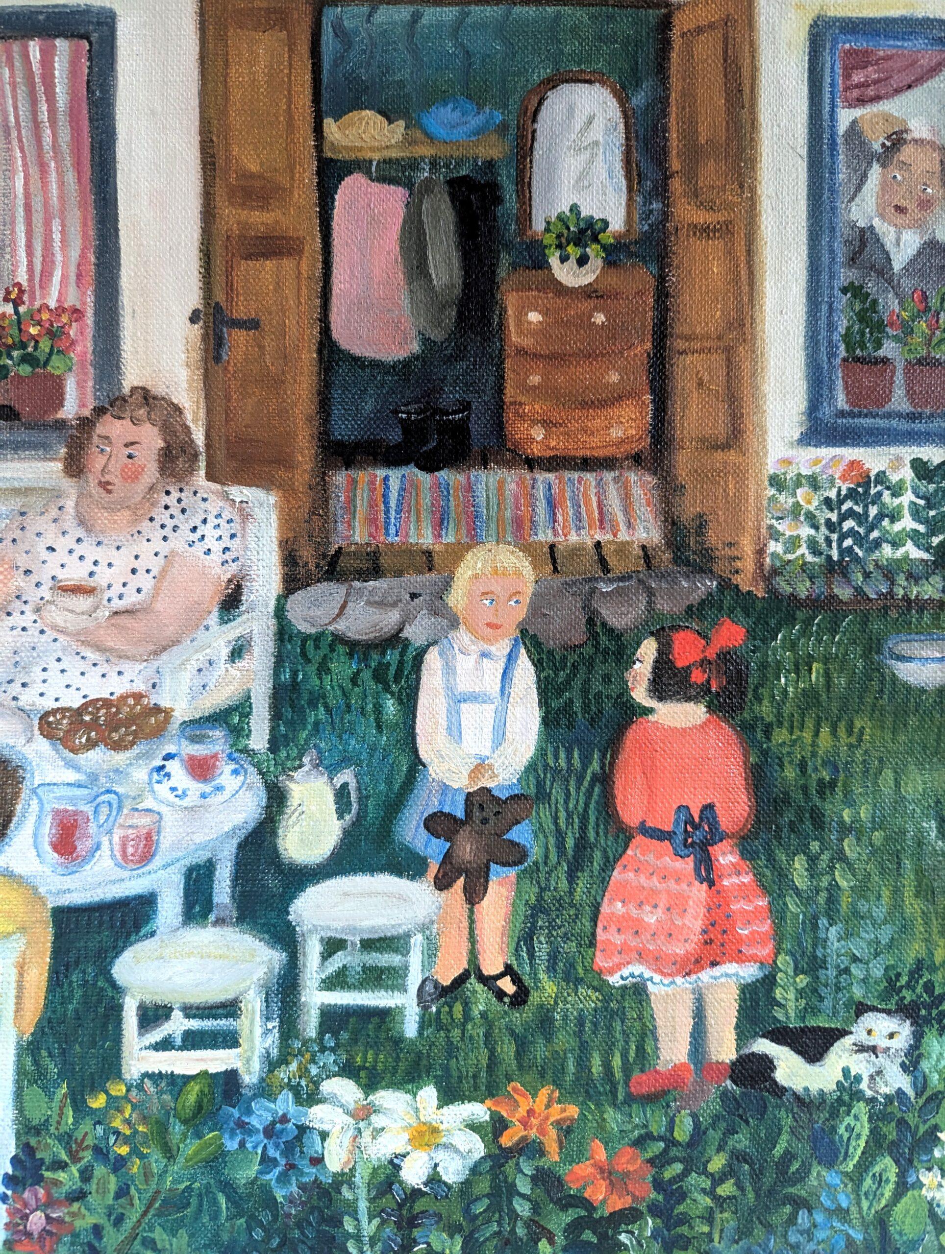 1986 Vintage Modernista Paisaje Original Pintura al Óleo - Garden Tea Party 2