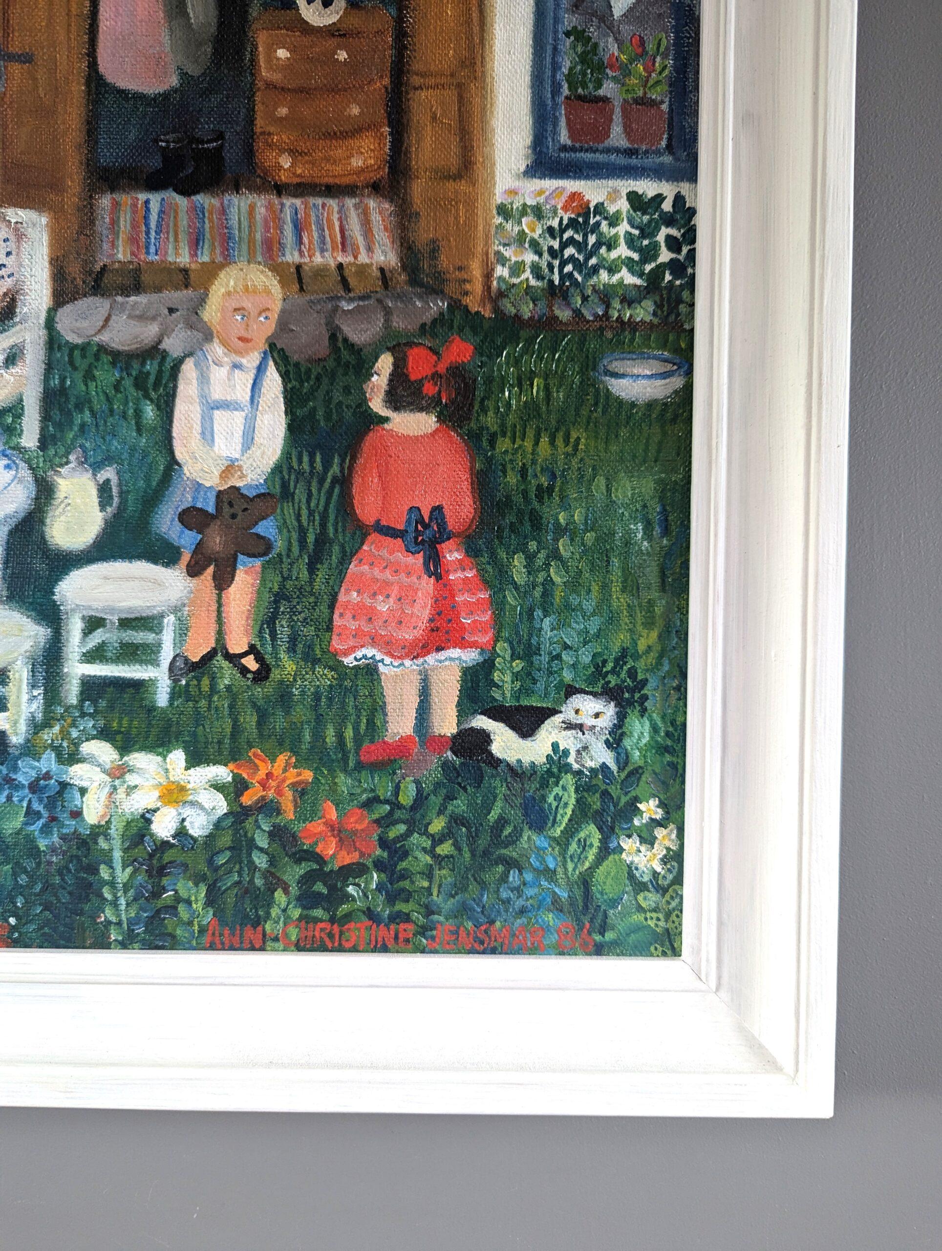 1986 Vintage Modernista Paisaje Original Pintura al Óleo - Garden Tea Party 3