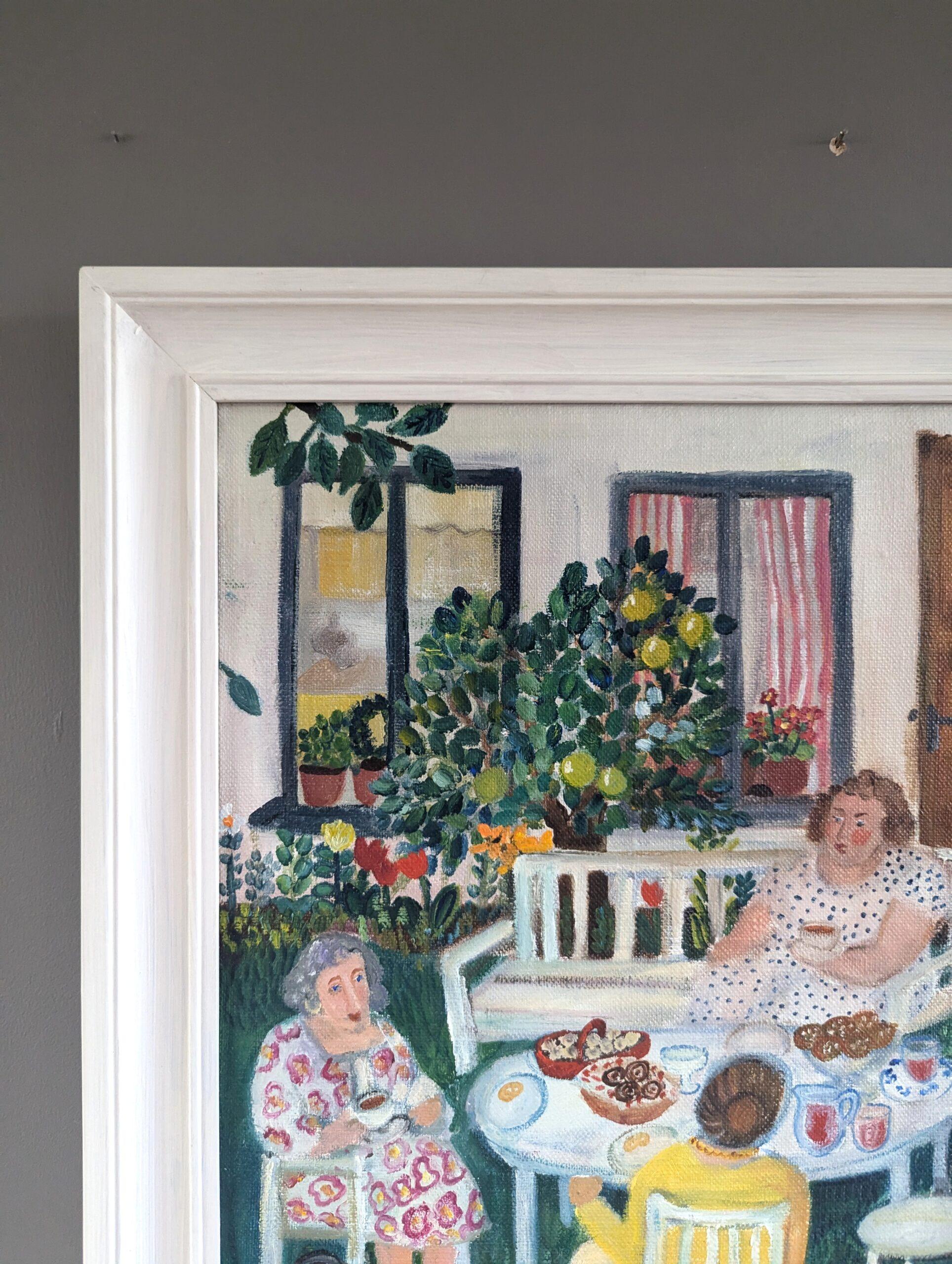 1986 Vintage Modernista Paisaje Original Pintura al Óleo - Garden Tea Party 4
