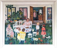 1986 Vintage Modernist Original Landscape Oil Painting - Garden Tea Party