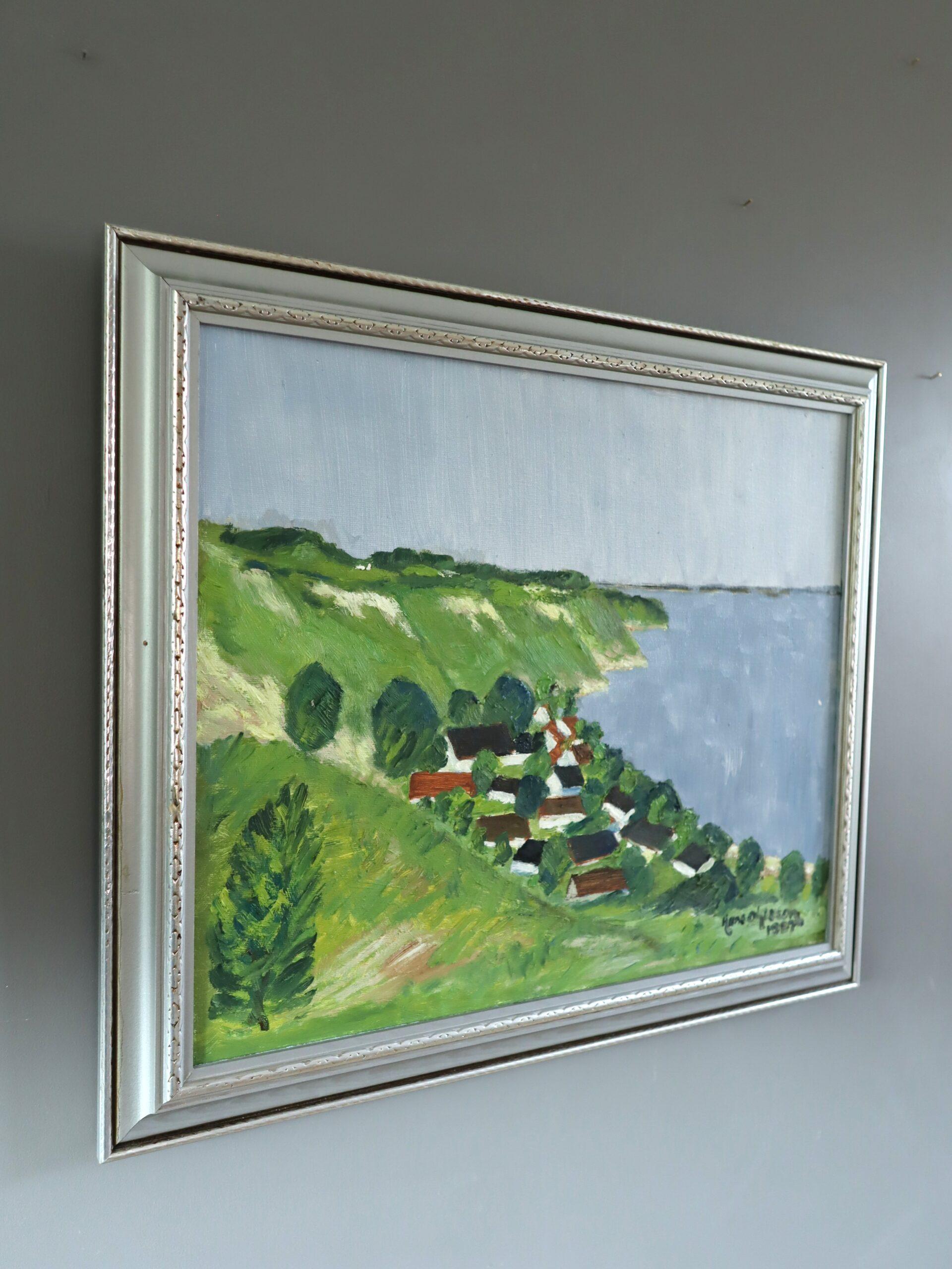 1987 Modernistisches schwedisches expressives Landschafts-Ölgemälde - Hügellandschaft am Meer (Moderne), Painting, von Unknown