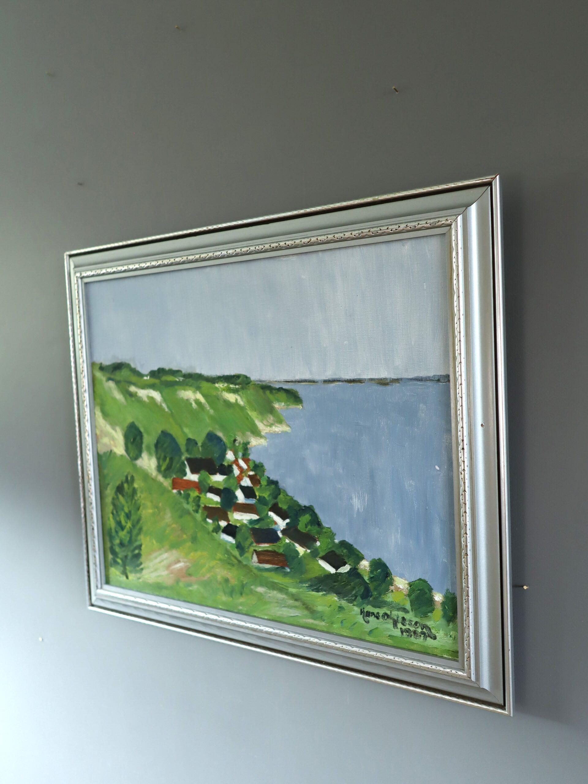 1987 Modernistisches schwedisches expressives Landschafts-Ölgemälde - Hügellandschaft am Meer (Grau), Landscape Painting, von Unknown