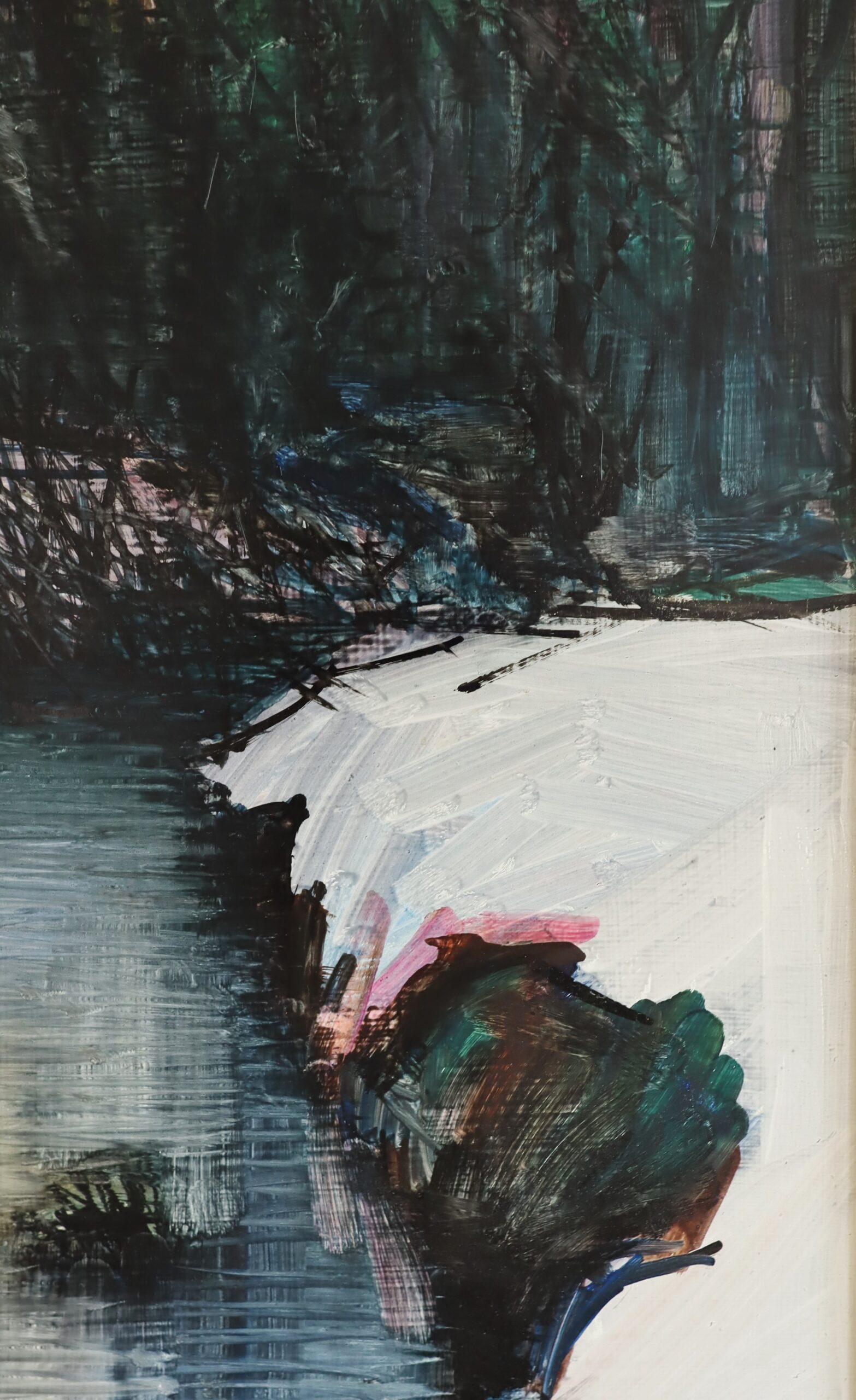 1987 Modernist Swedish Winter River Landscape Oil Painting - Twilight Stream For Sale 7