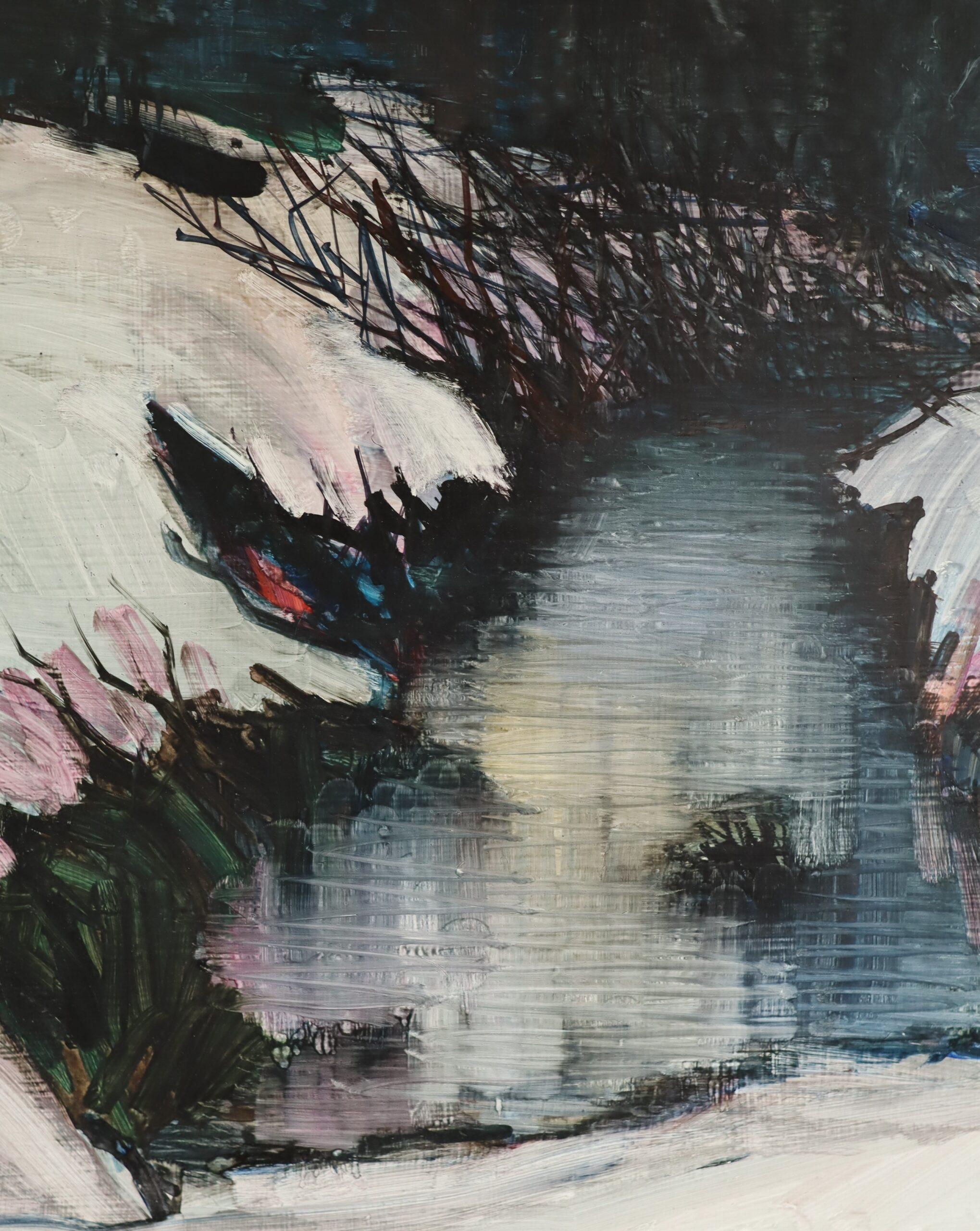 1987 Modernist Swedish Winter River Landscape Oil Painting - Twilight Stream For Sale 8