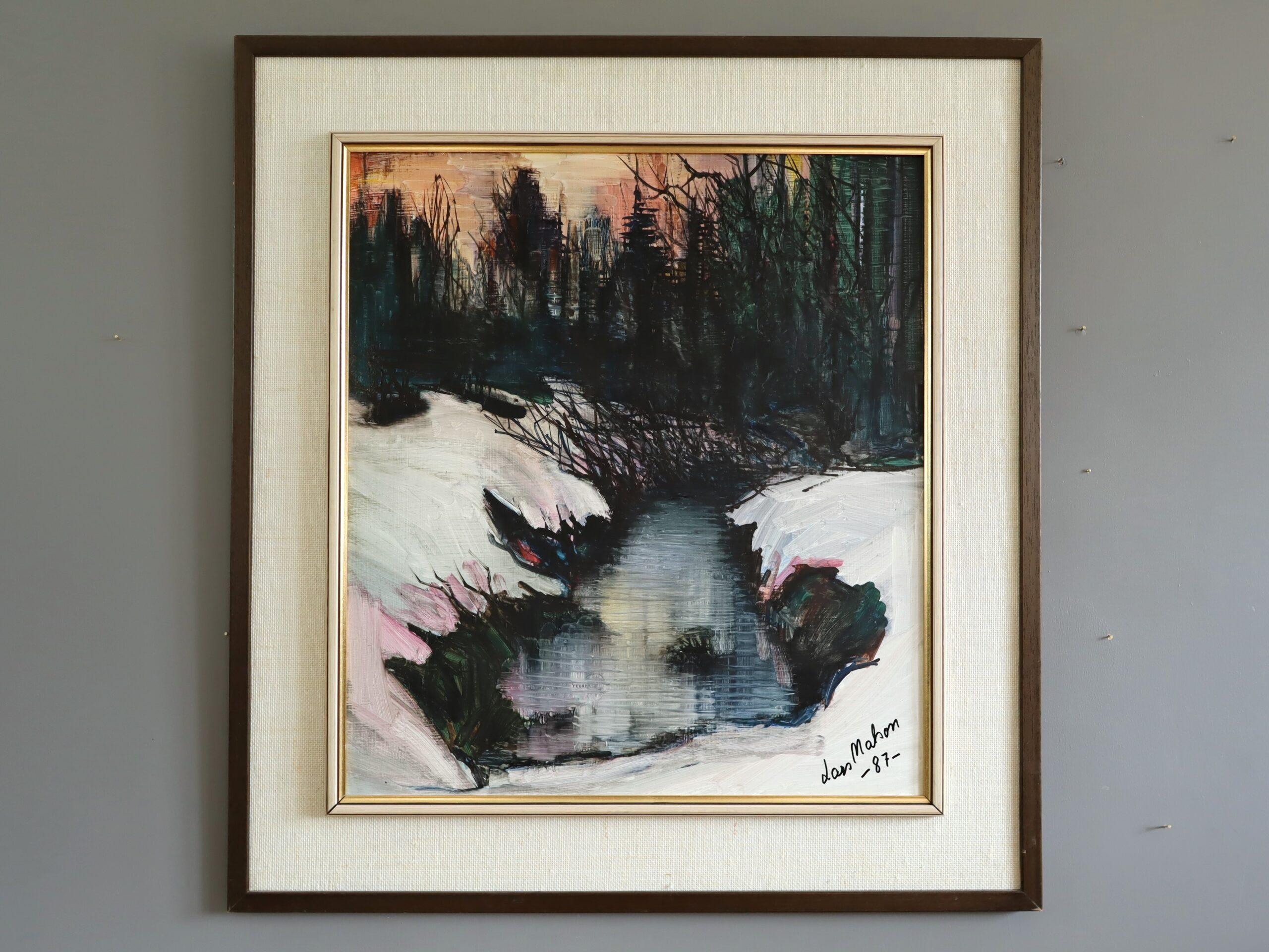 1987 Modernist Swedish Winter River Landscape Oil Painting - Twilight Stream - Beige Landscape Painting by Unknown