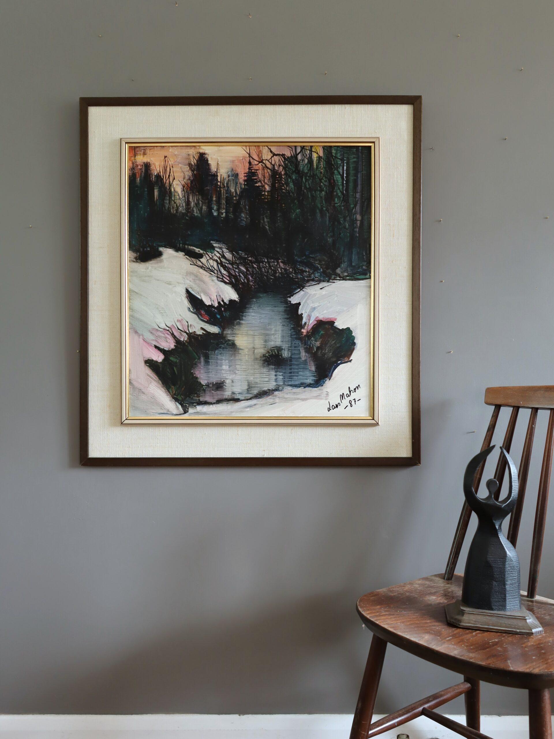 TWILIGHT STREAM
Size: 82 x 76 cm (including frame)
Oil on board

A atmospheric composition that captures the quiet drama of a winter landscape yielding to the subtle warmth of dusk setting, executed in oil onto board and dated 1987.

This expressive