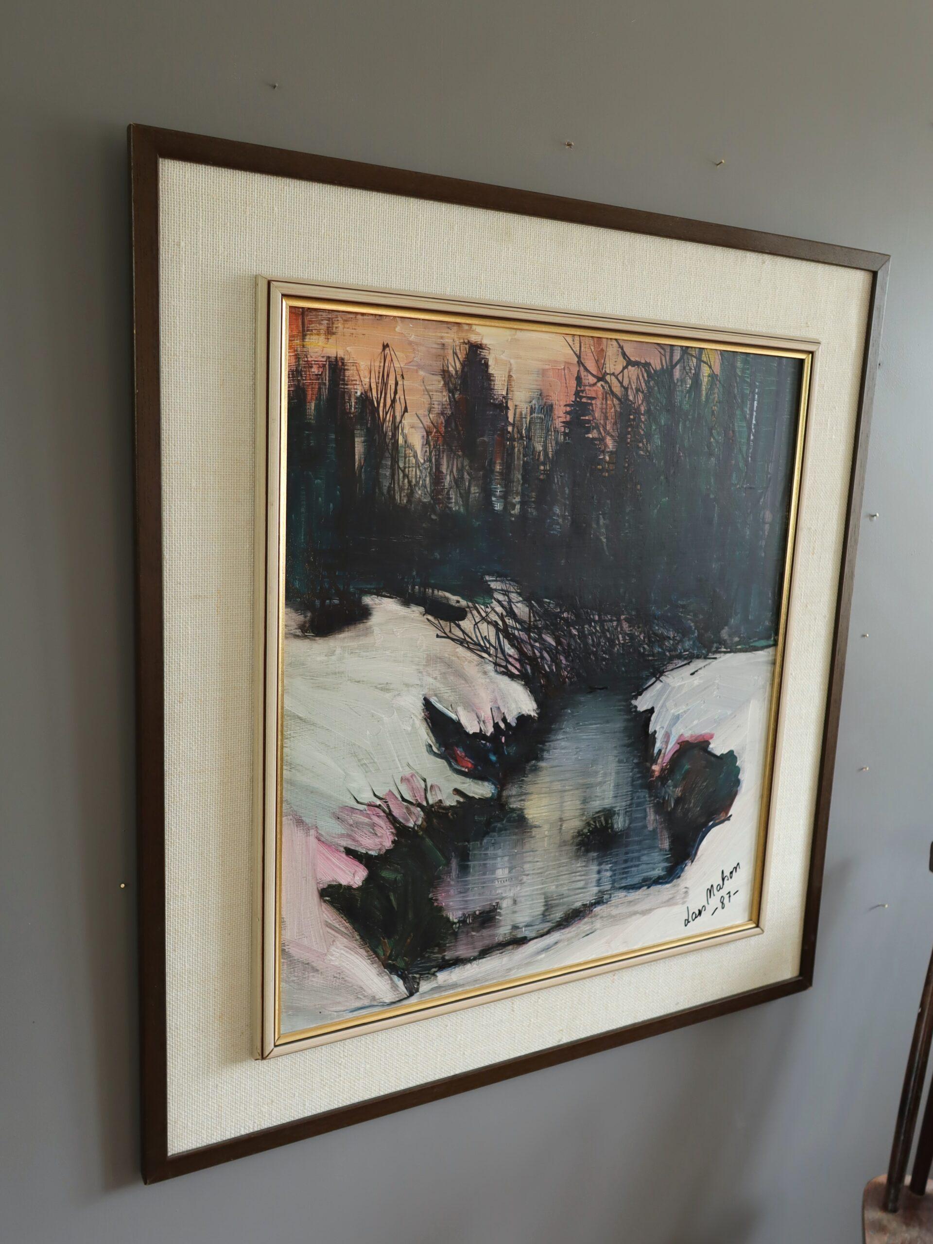 1987 Modernist Swedish Winter River Landscape Oil Painting - Twilight Stream For Sale 1