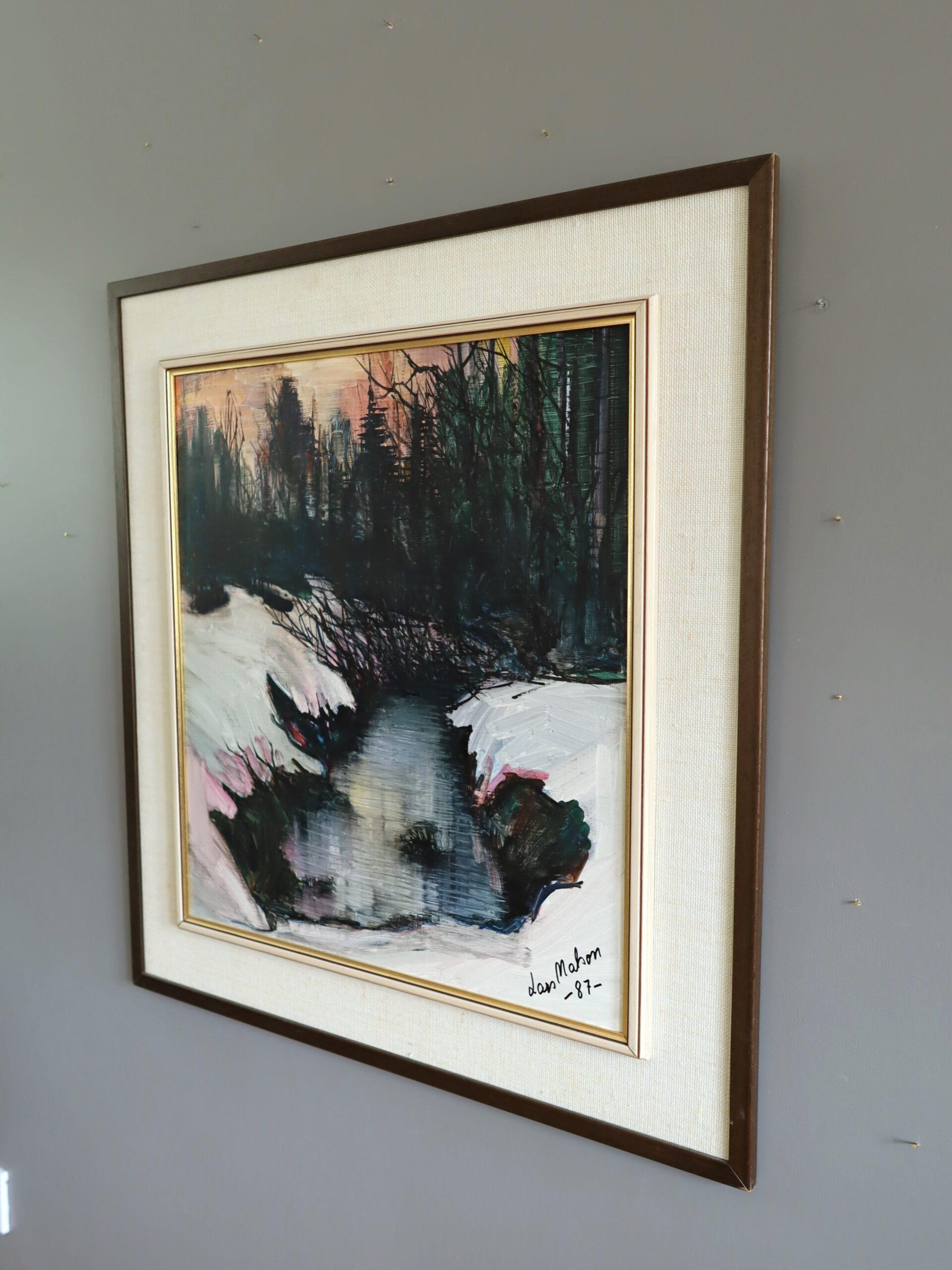 1987 Modernist Swedish Winter River Landscape Oil Painting - Twilight Stream For Sale 2