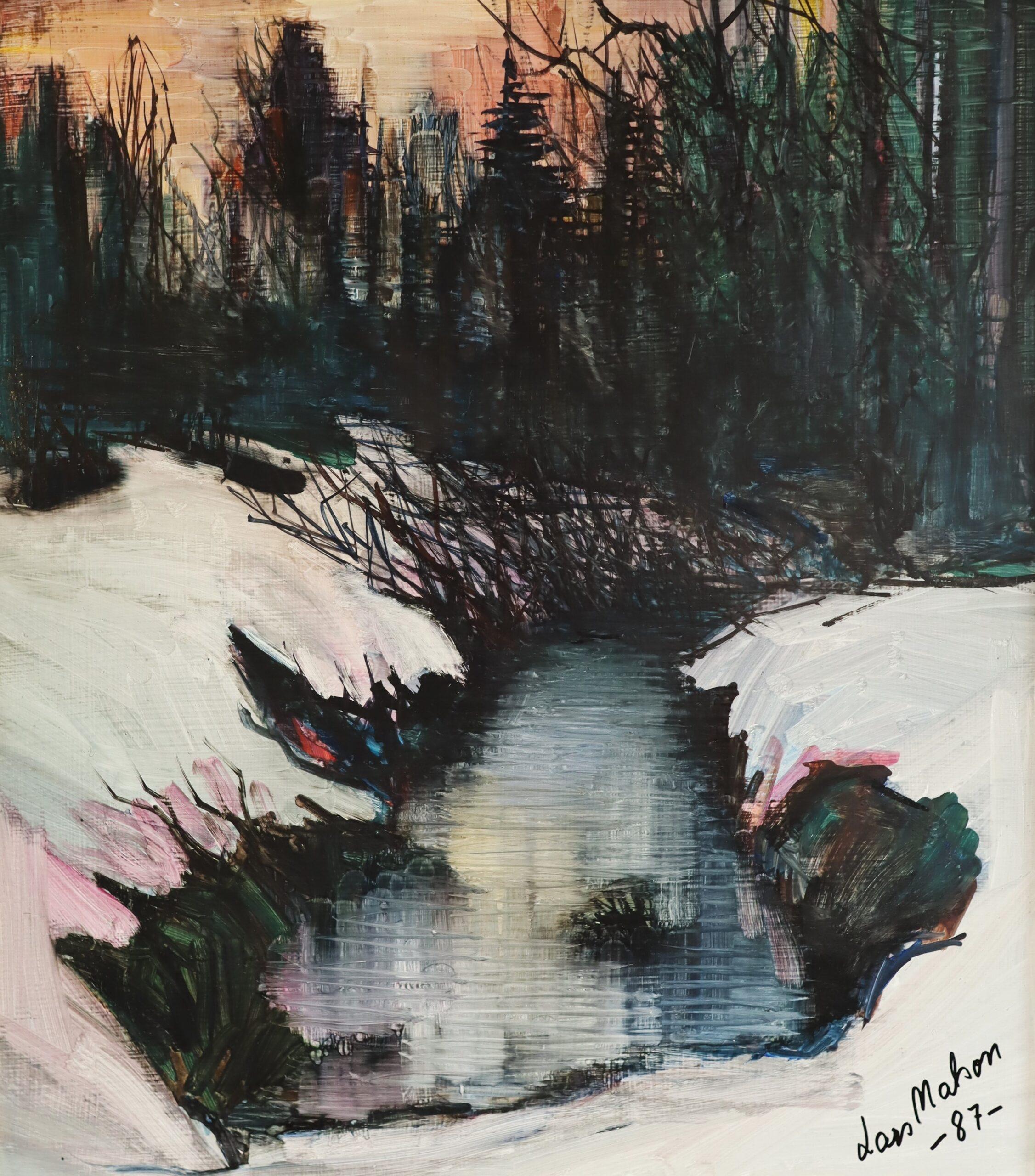 1987 Modernist Swedish Winter River Landscape Oil Painting - Twilight Stream For Sale 5