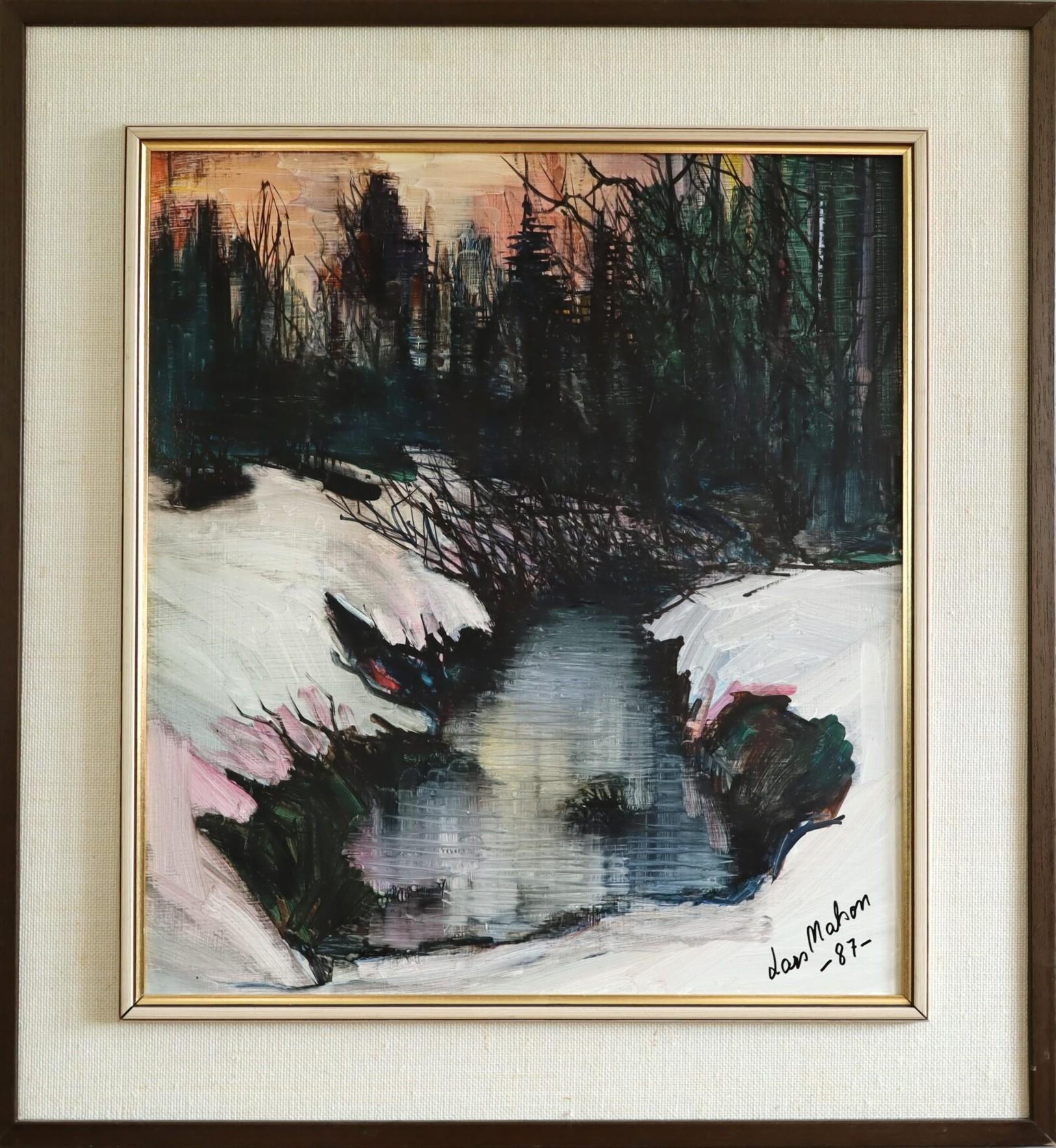 Unknown Landscape Painting - 1987 Modernist Swedish Winter River Landscape Oil Painting - Twilight Stream