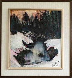 1987 Modernist Swedish Winter River Landscape Oil Painting - Twilight Stream