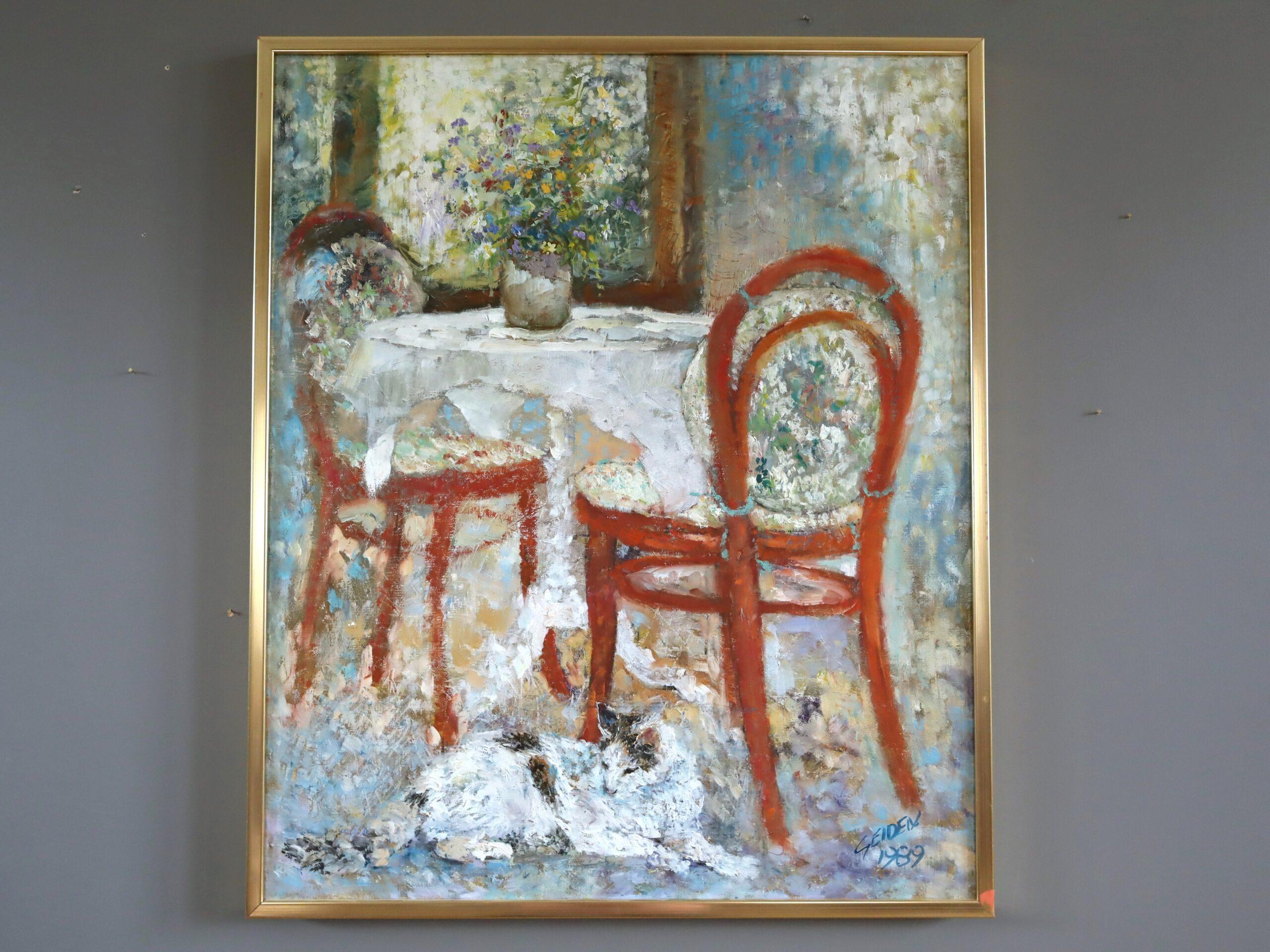 1989 Impressionist Vintage Interior Still Life Oil Painting - Table for Two - Gray Interior Painting by Unknown