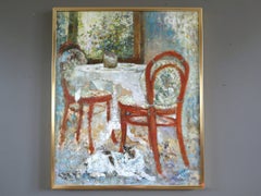 1989 Impressionist Vintage Interior Still Life Oil Painting - Table for Two