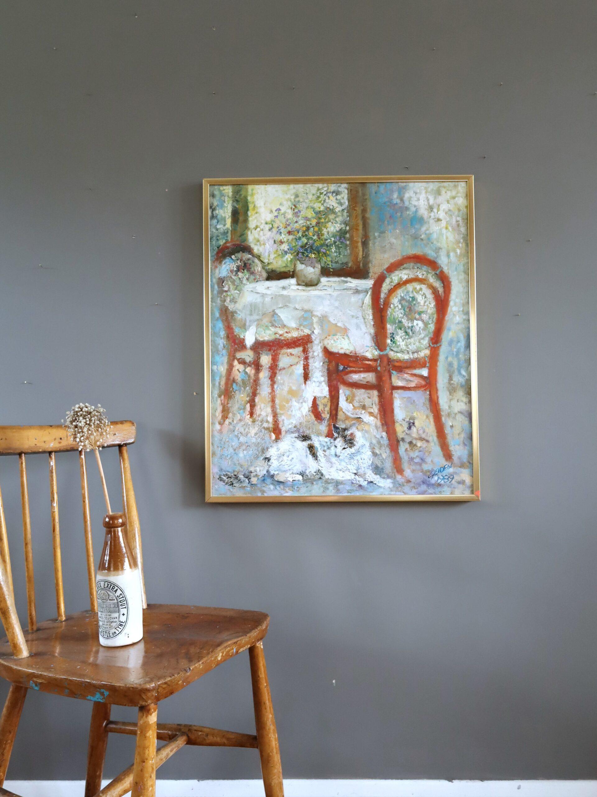TABLE FOR TWO
Size: 67 x 56 cm (including frame)
Oil on canvas

An intimate interior scene that exudes warmth and quietude and executed in an impressionist style, painted in oil onto canvas and dated 1989.

Depicting a sunlit corner set for two, the