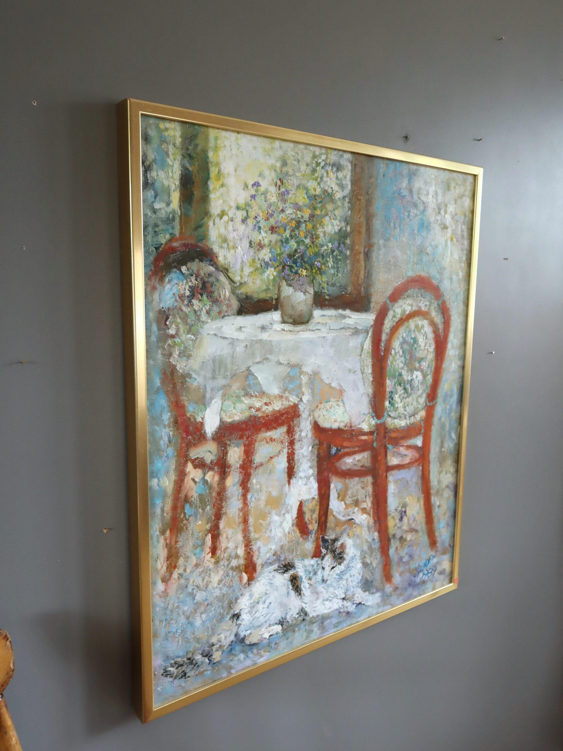 1989 Impressionist Vintage Interior Still Life Oil Painting - Table for Two For Sale 1