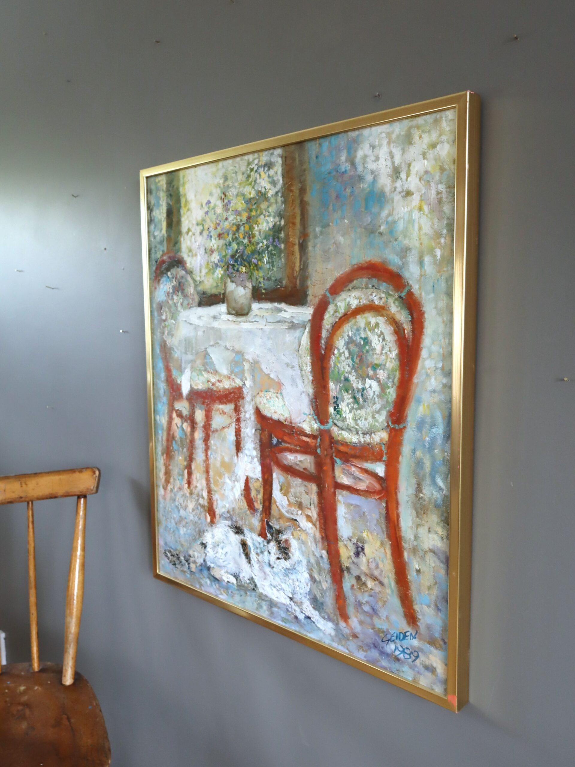 1989 Impressionist Vintage Interior Still Life Oil Painting - Table for Two For Sale 2