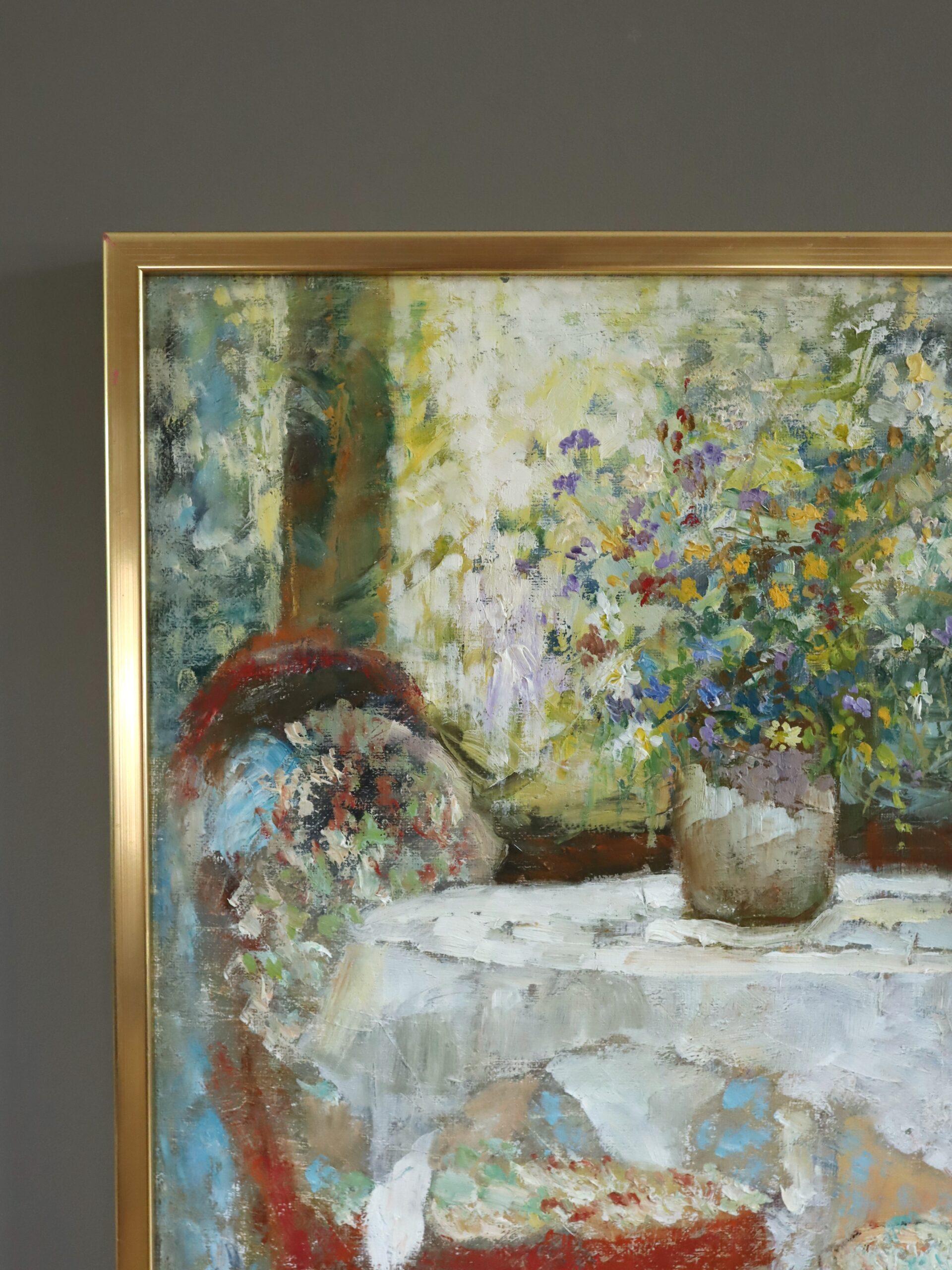 1989 Impressionist Vintage Interior Still Life Oil Painting - Table for Two For Sale 3
