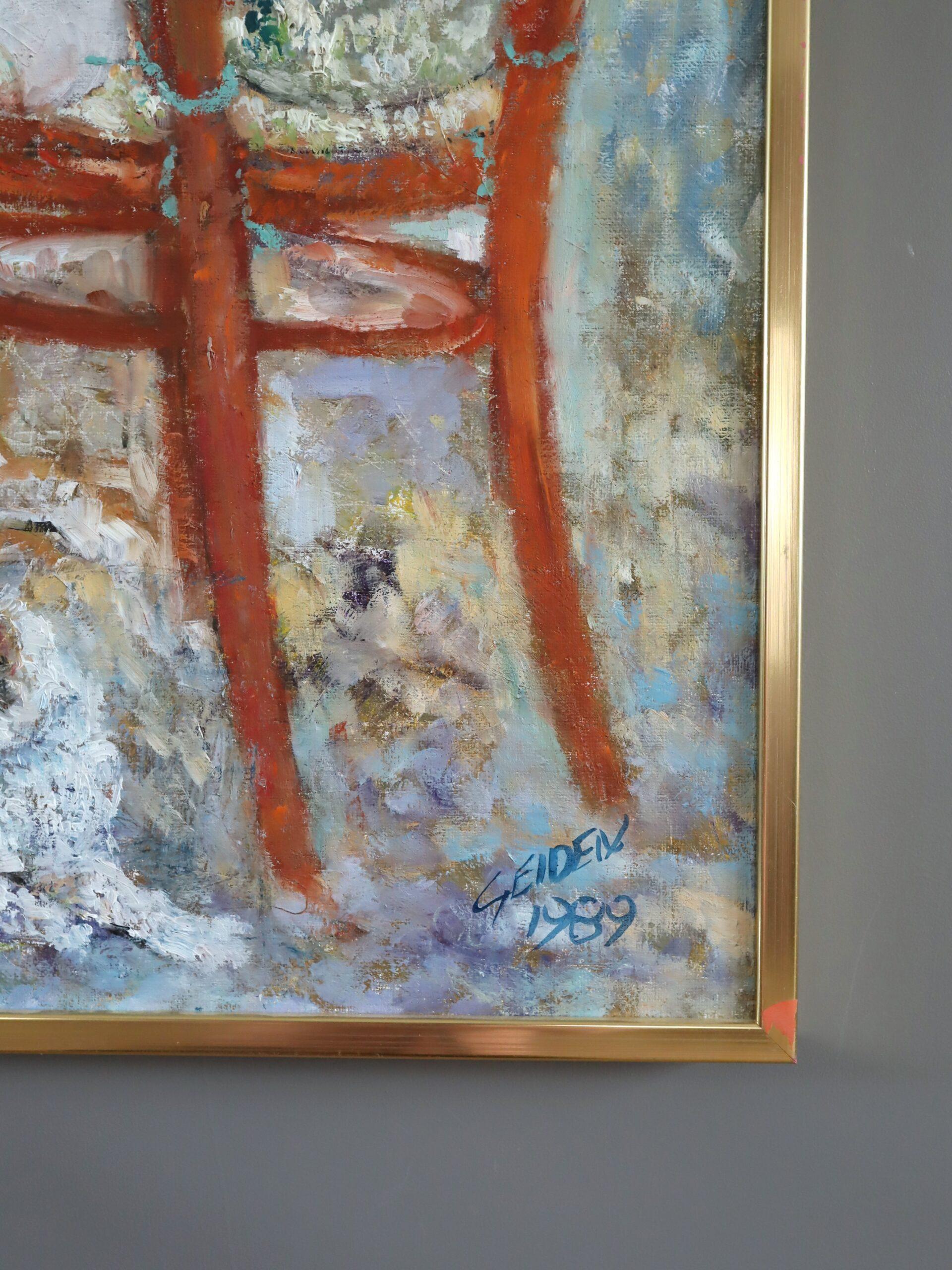 1989 Impressionist Vintage Interior Still Life Oil Painting - Table for Two For Sale 4
