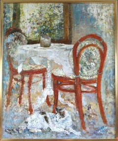 1989 Impressionist Vintage Interior Still Life Oil Painting - Table for Two