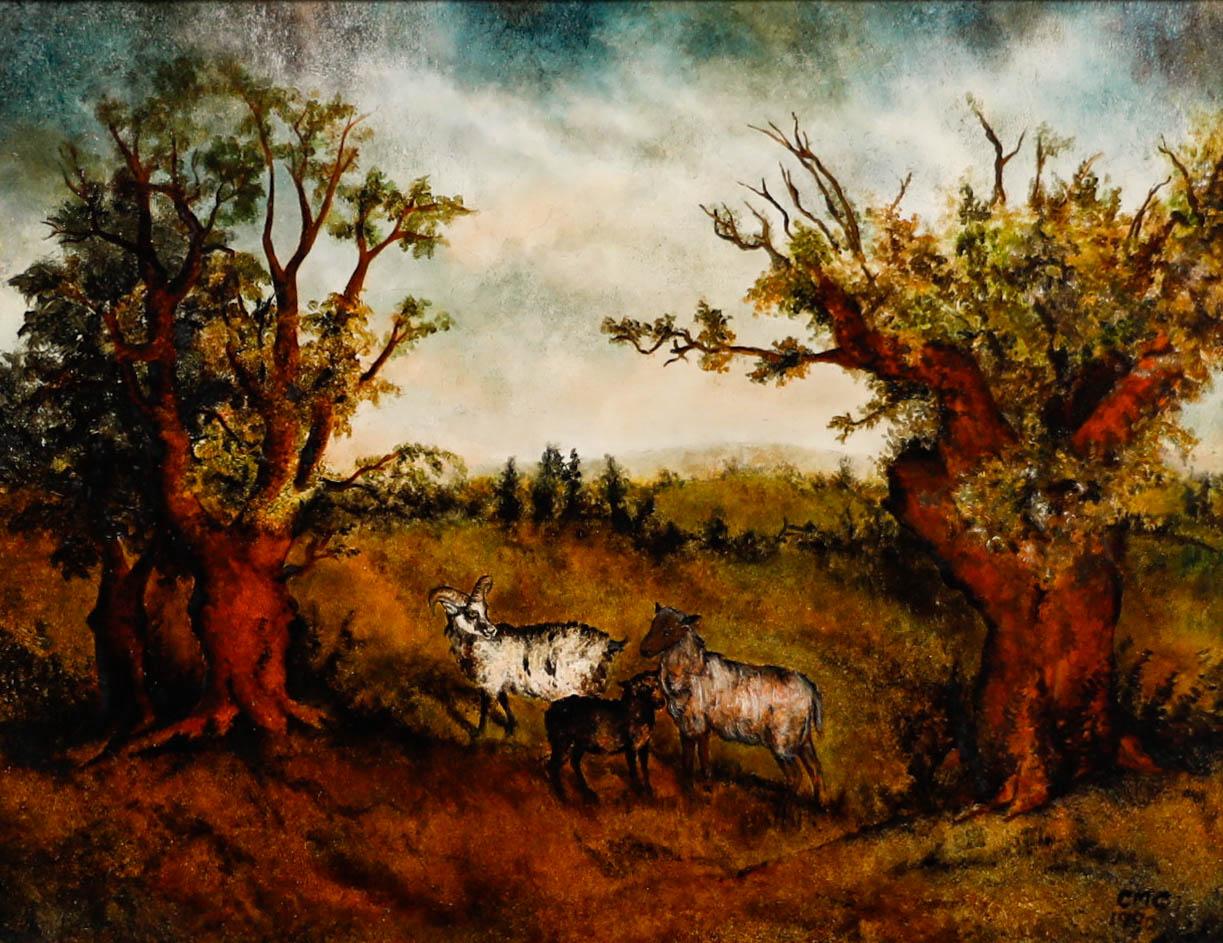 1990 Öl - Schafe und ein Widder – Painting von Unknown