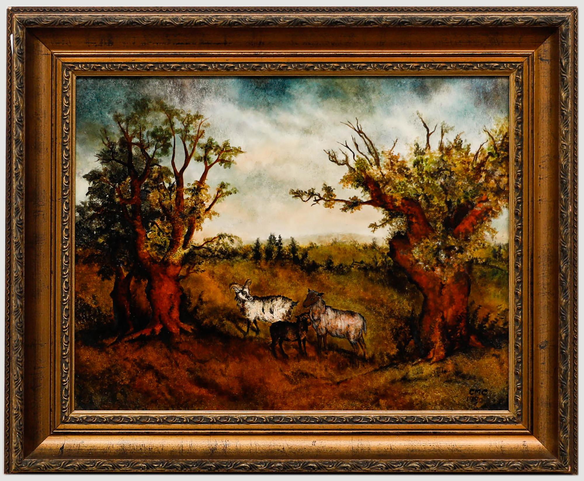Unknown Landscape Painting – 1990 Öl - Schafe und ein Widder