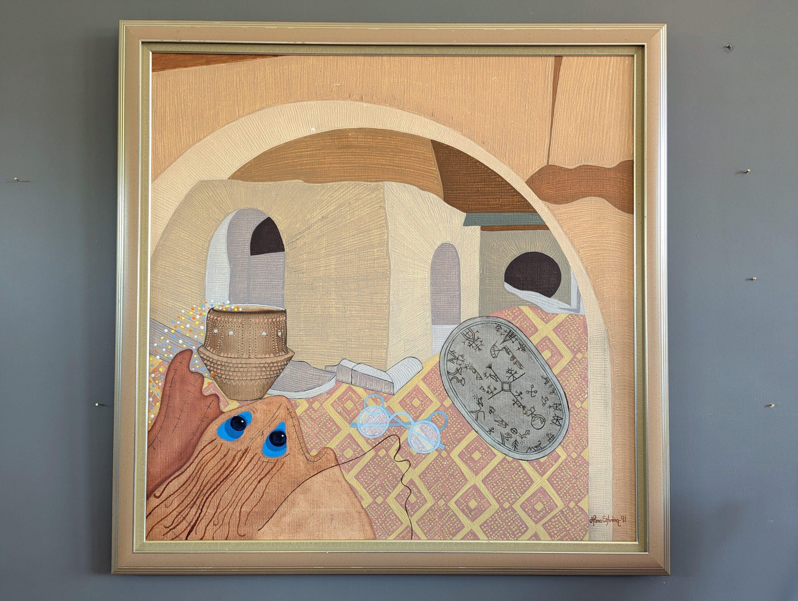 1991 Pittura ad olio moderna surrealista d'epoca originale per interni - Sussurri antichi in vendita 11