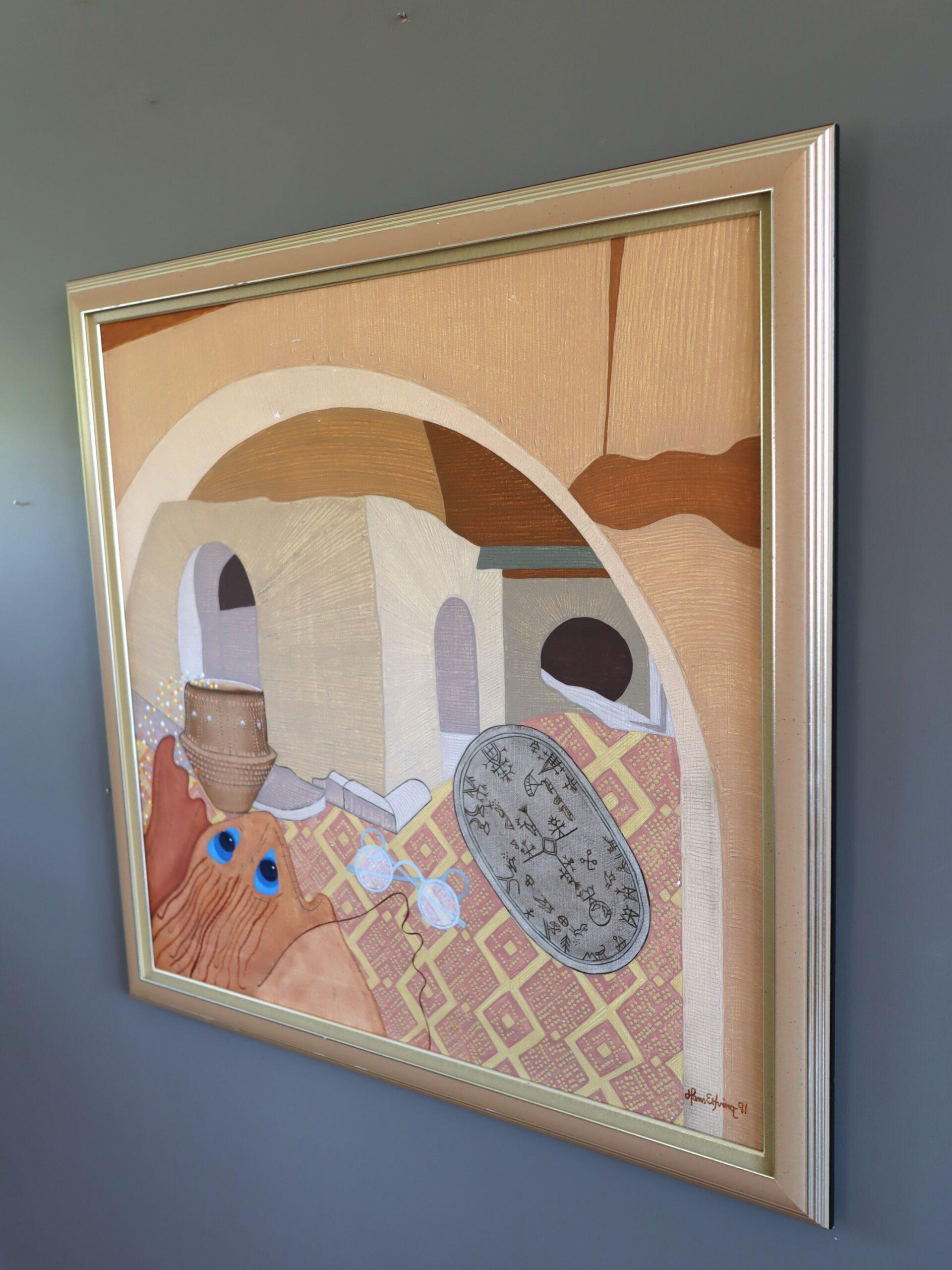 1991 Pittura ad olio moderna surrealista d'epoca originale per interni - Sussurri antichi in vendita 2