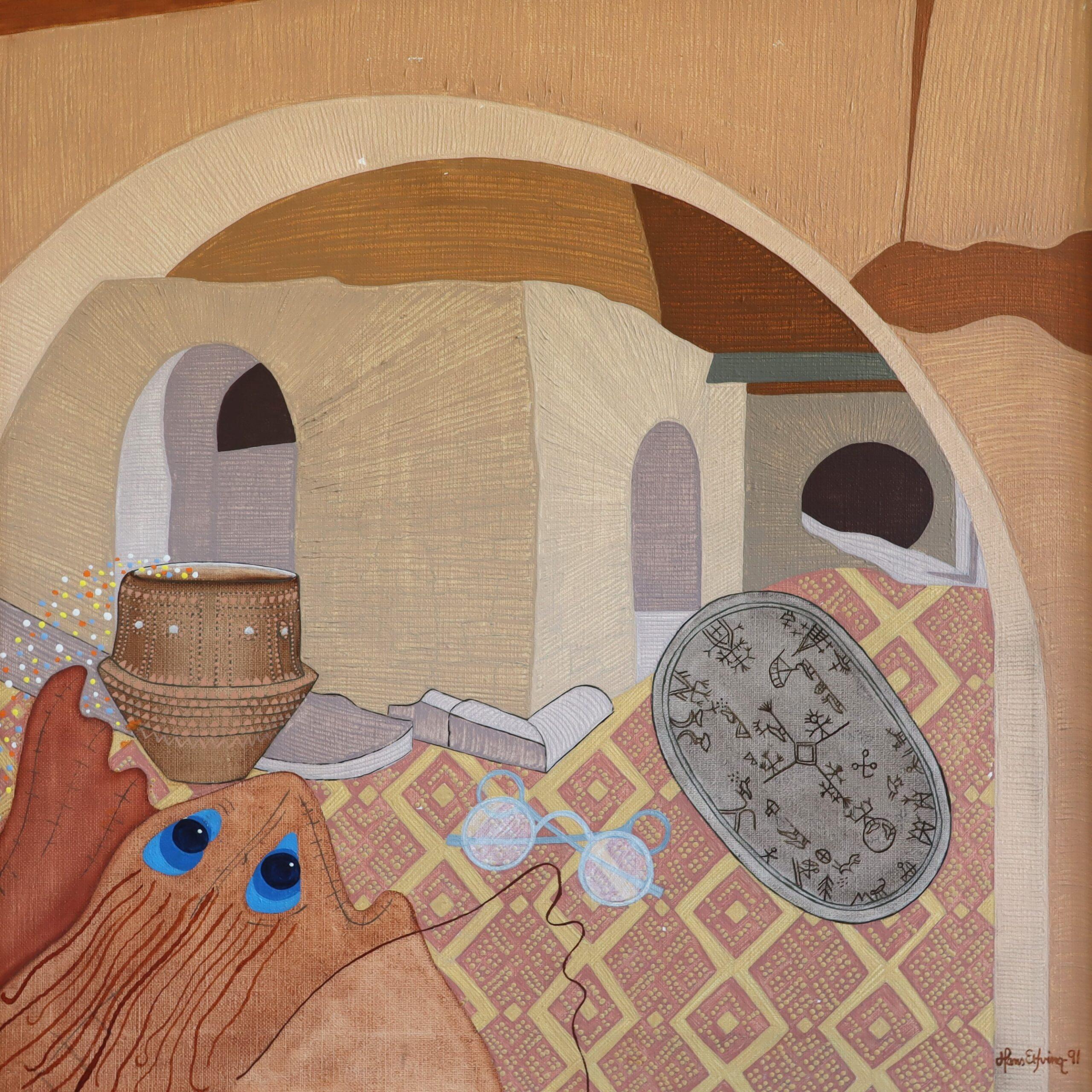 1991 Pittura ad olio moderna surrealista d'epoca originale per interni - Sussurri antichi in vendita 5
