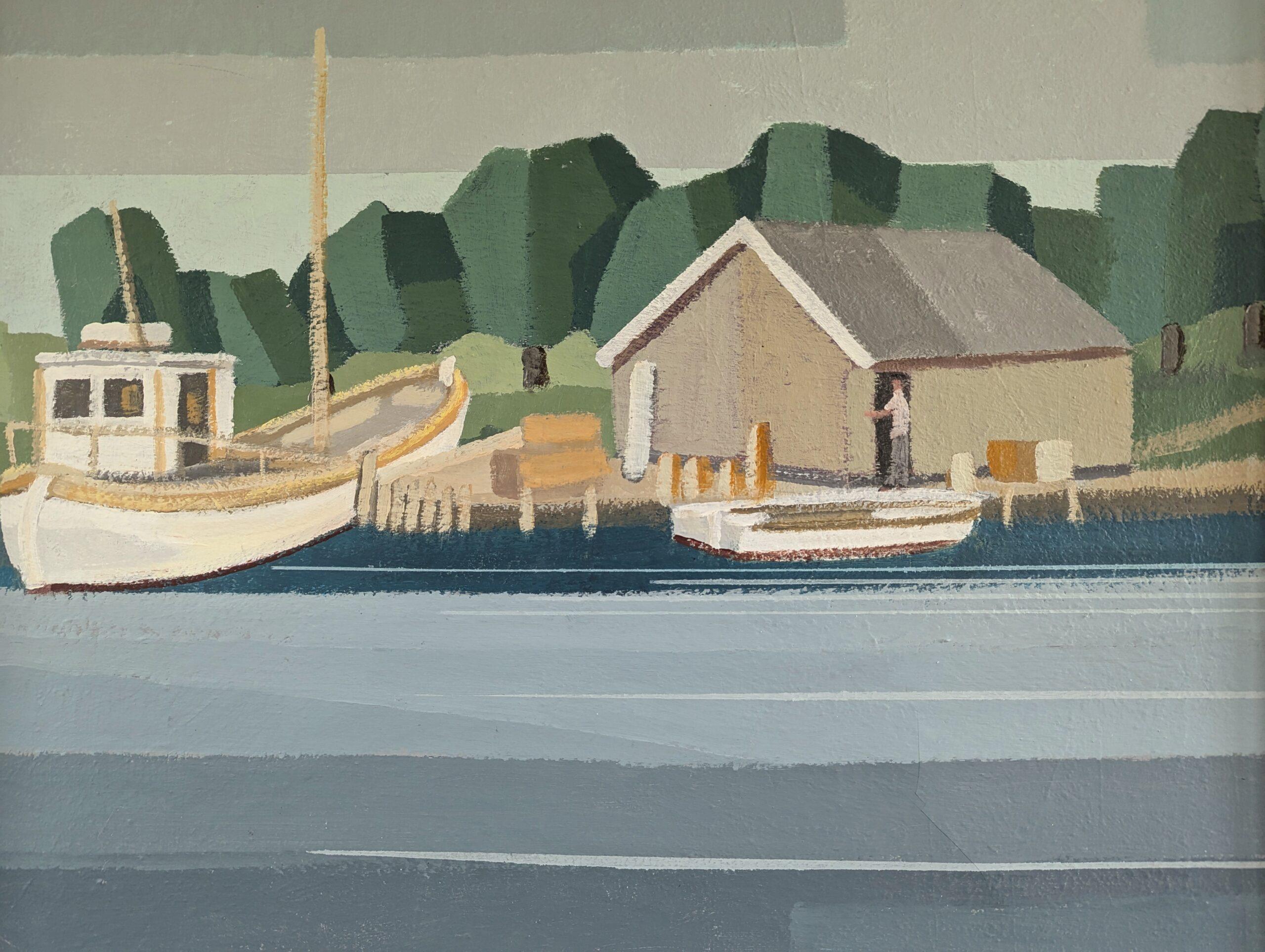 1991 Modernist Vintage Schwedisch Original Landschaft Ölgemälde - The Boathouse im Angebot 5