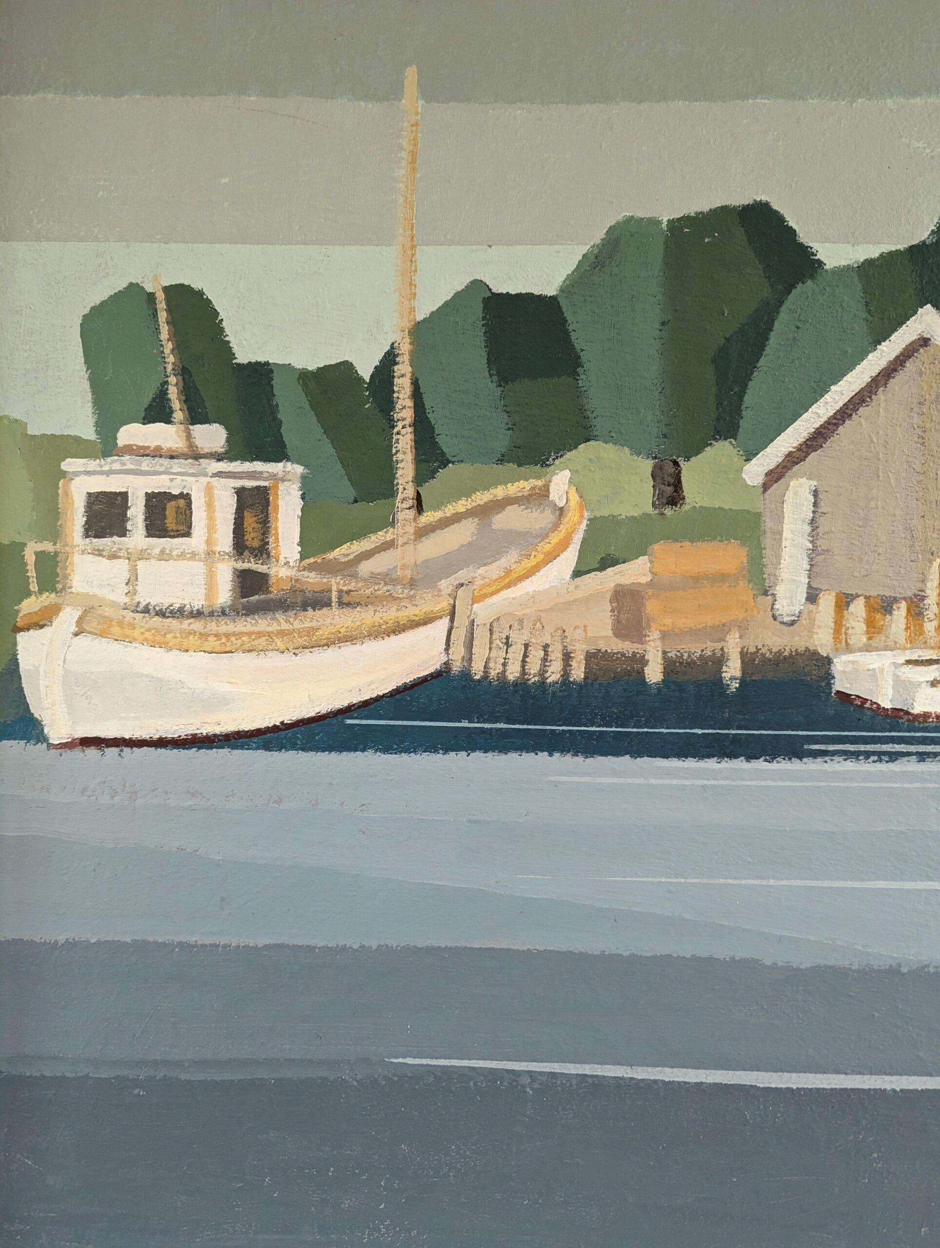 1991 Modernist Vintage Schwedisch Original Landschaft Ölgemälde - The Boathouse im Angebot 6