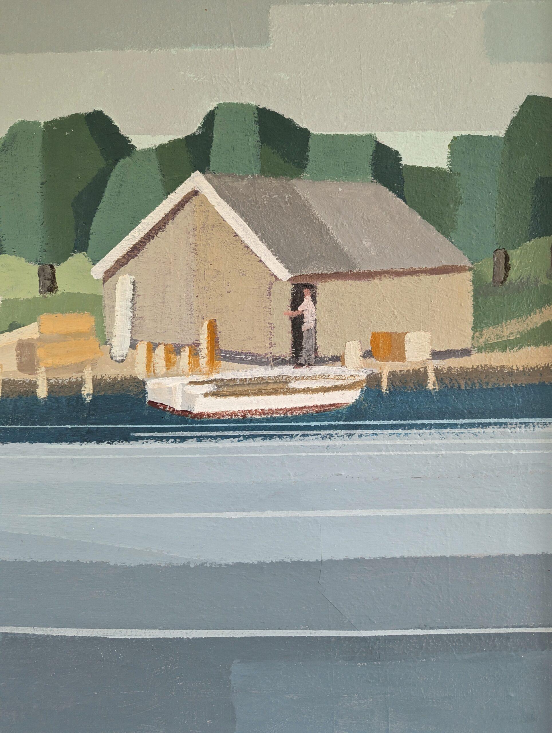 1991 Modernist Vintage Schwedisch Original Landschaft Ölgemälde - The Boathouse im Angebot 7