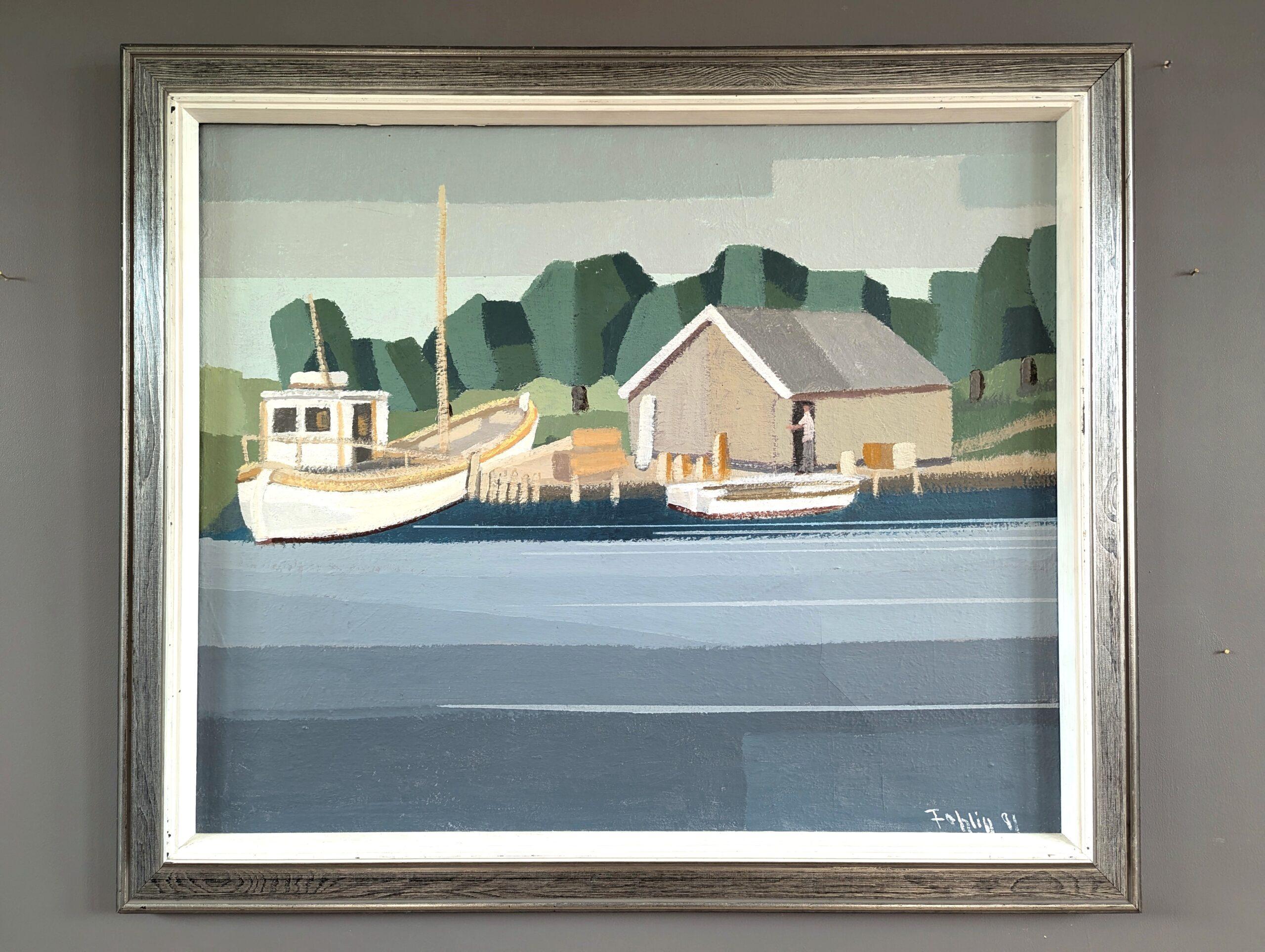 1991 Modernist Vintage Schwedisch Original Landschaft Ölgemälde - The Boathouse – Painting von Unknown