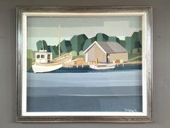 1991 Modernist Vintage Swedish Original Landscape Oil Painting - The Boathouse