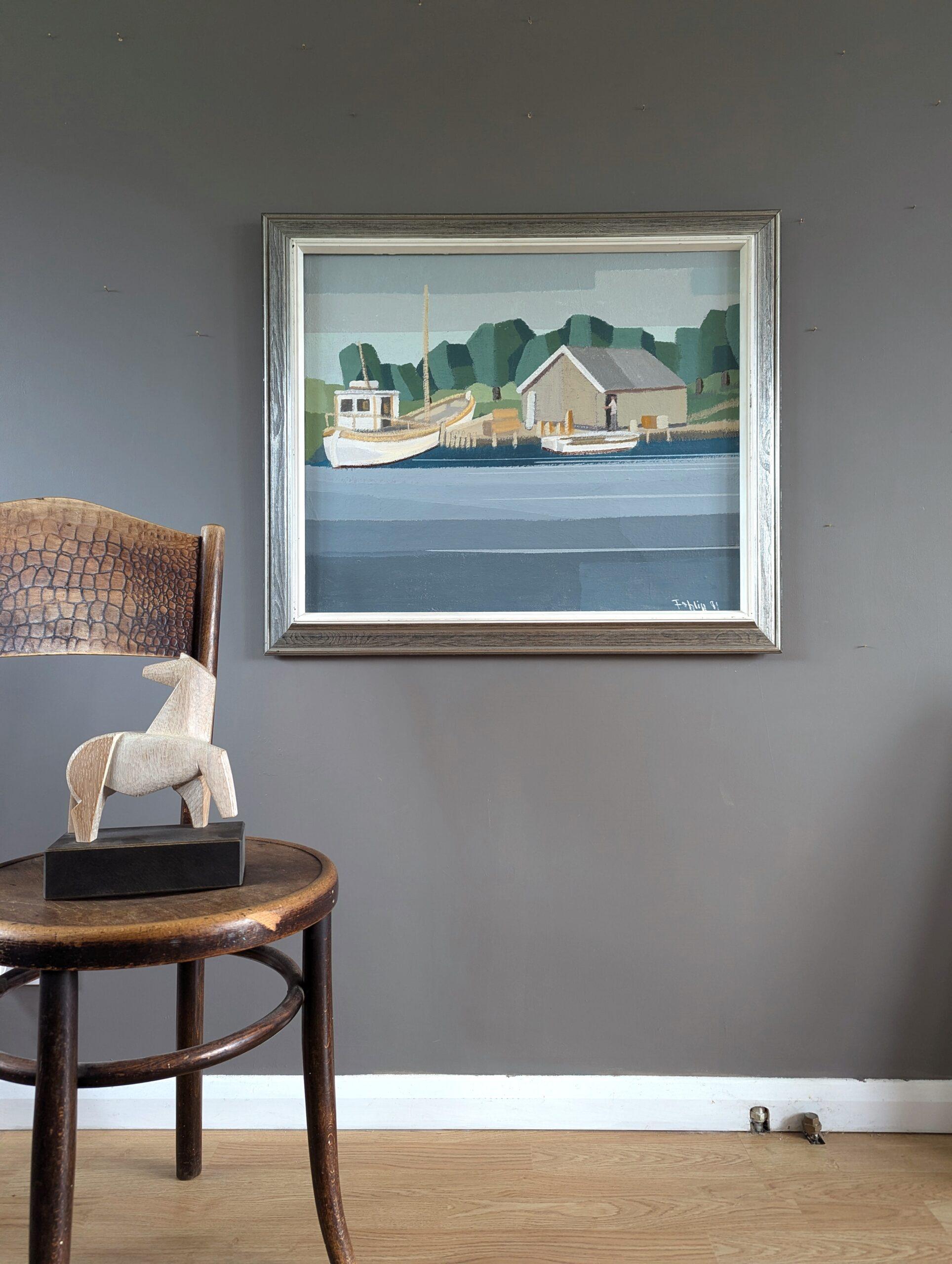 1991 Modernist Vintage Schwedisch Original Landschaft Ölgemälde - The Boathouse (Moderne), Painting, von Unknown