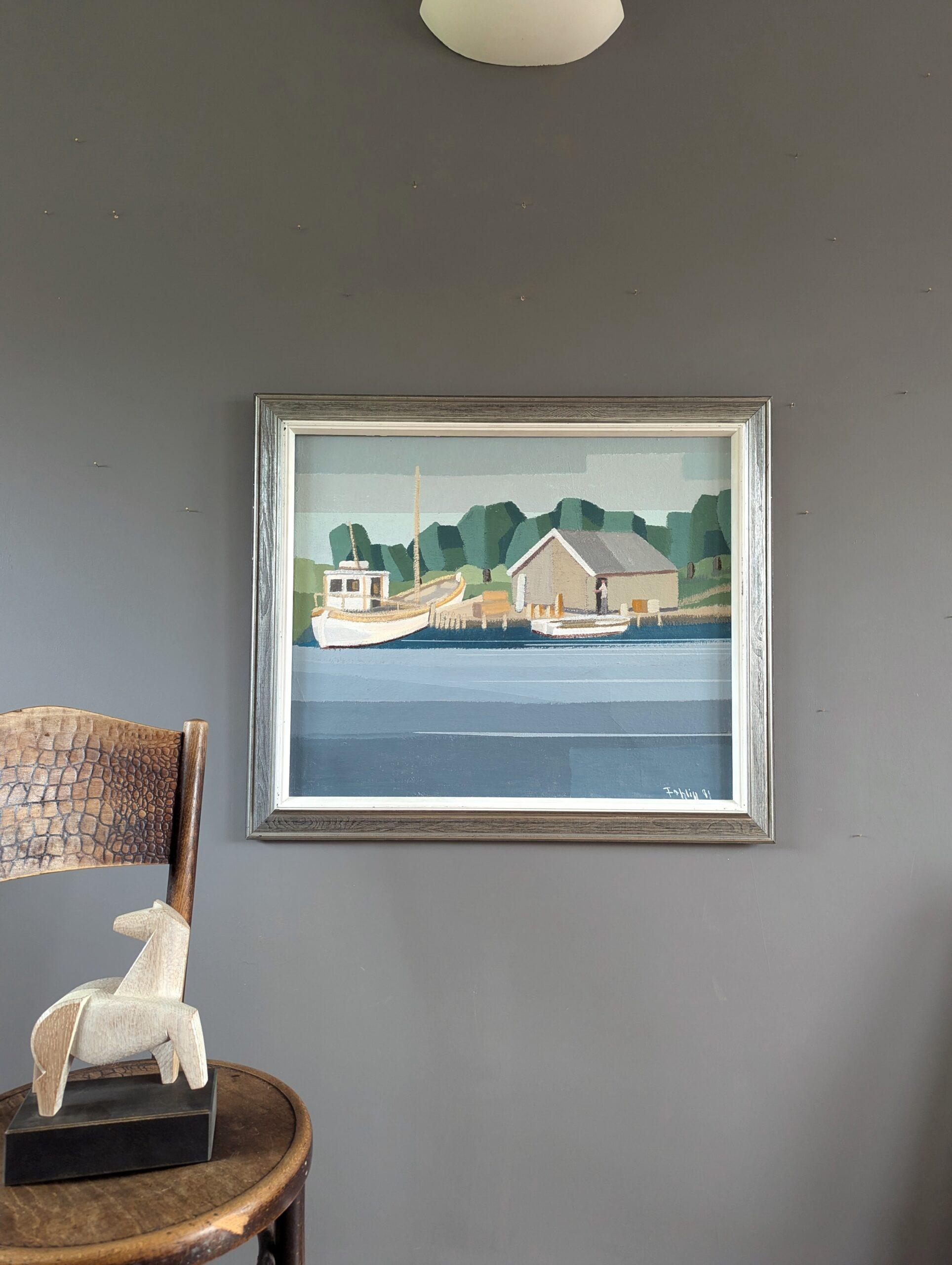 1991 Modernist Vintage Schwedisch Original Landschaft Ölgemälde - The Boathouse (Grau), Landscape Painting, von Unknown