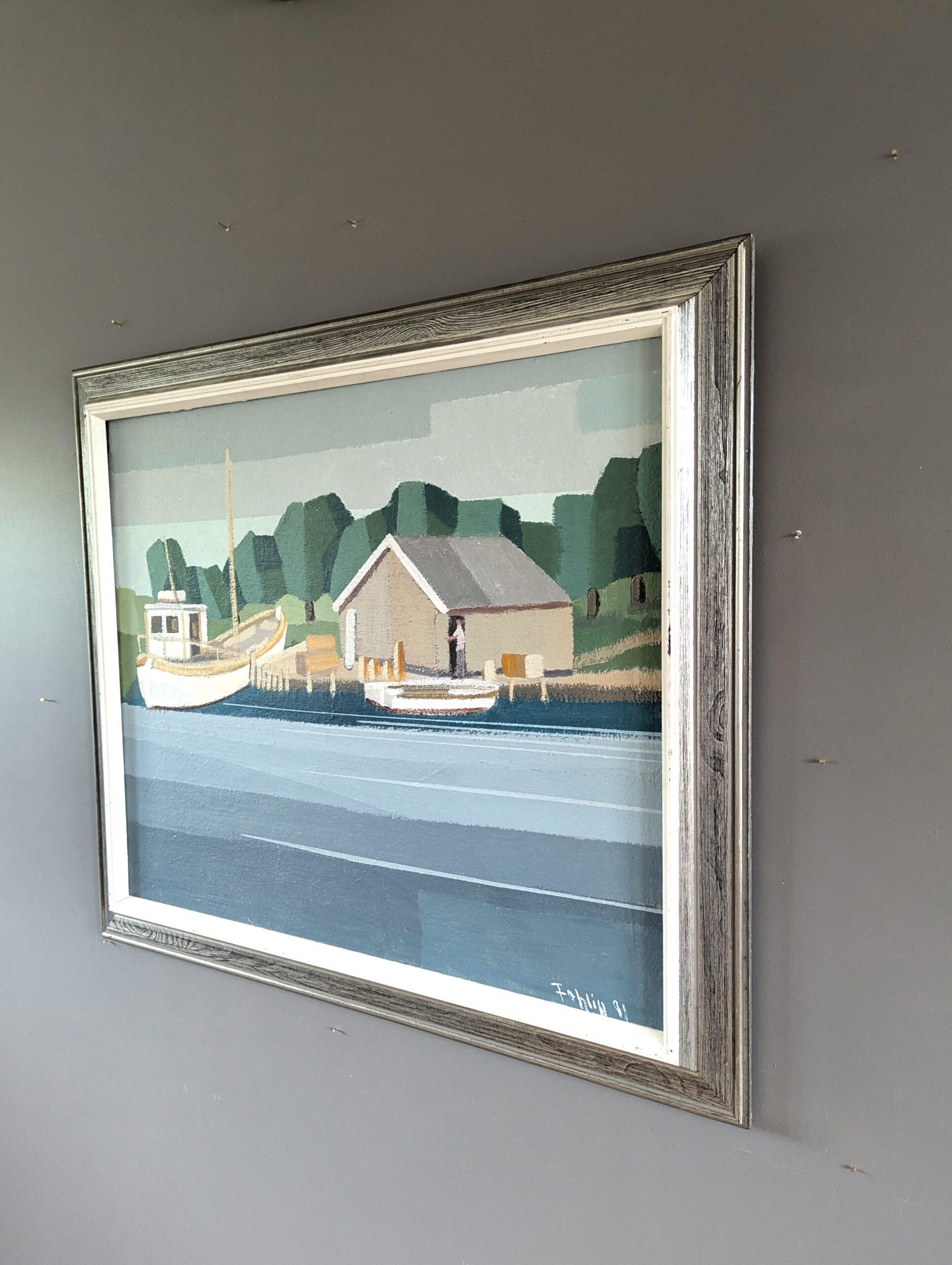 1991 Modernist Vintage Schwedisch Original Landschaft Ölgemälde - The Boathouse im Angebot 1