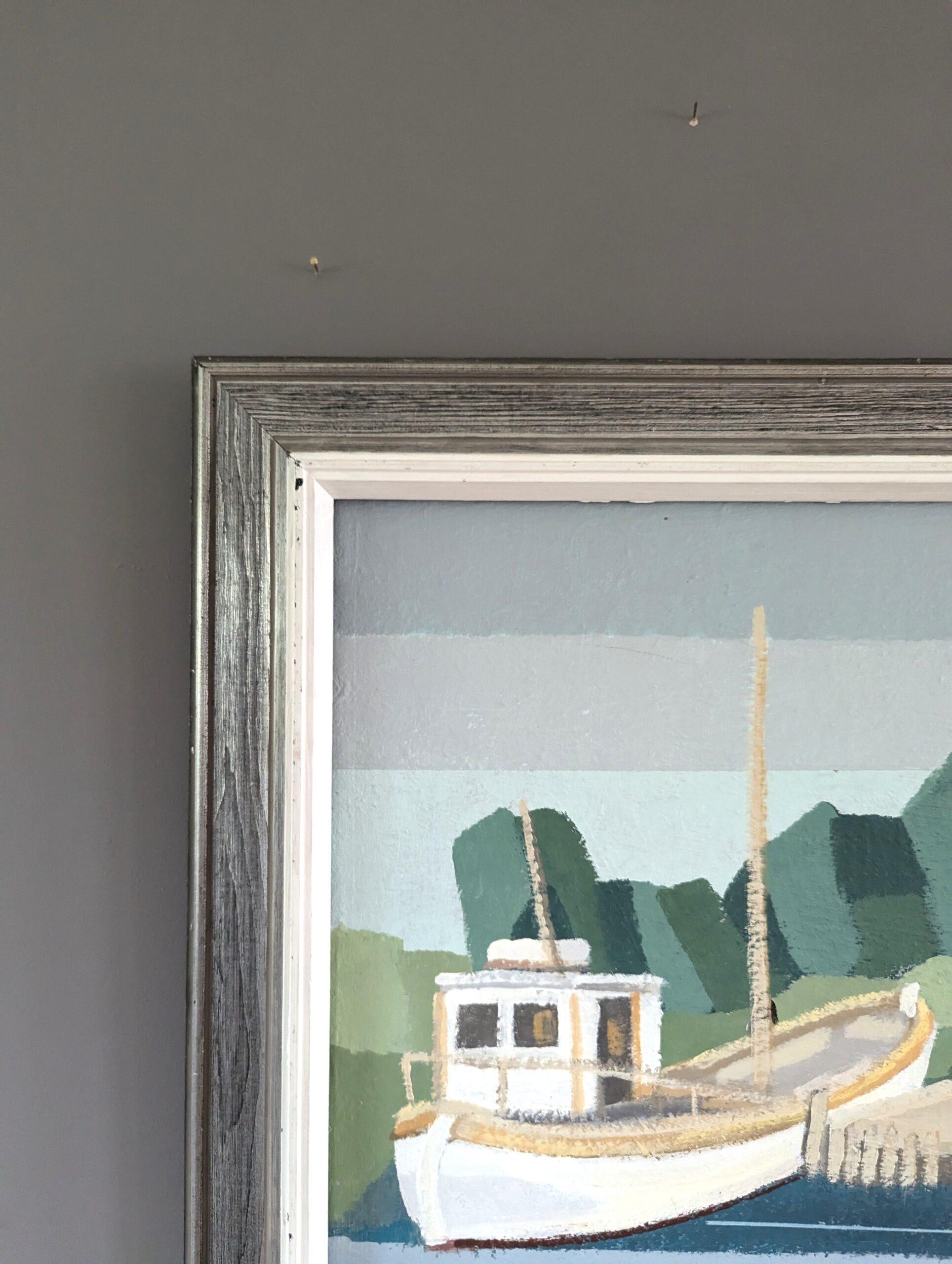 1991 Modernist Vintage Schwedisch Original Landschaft Ölgemälde - The Boathouse im Angebot 2