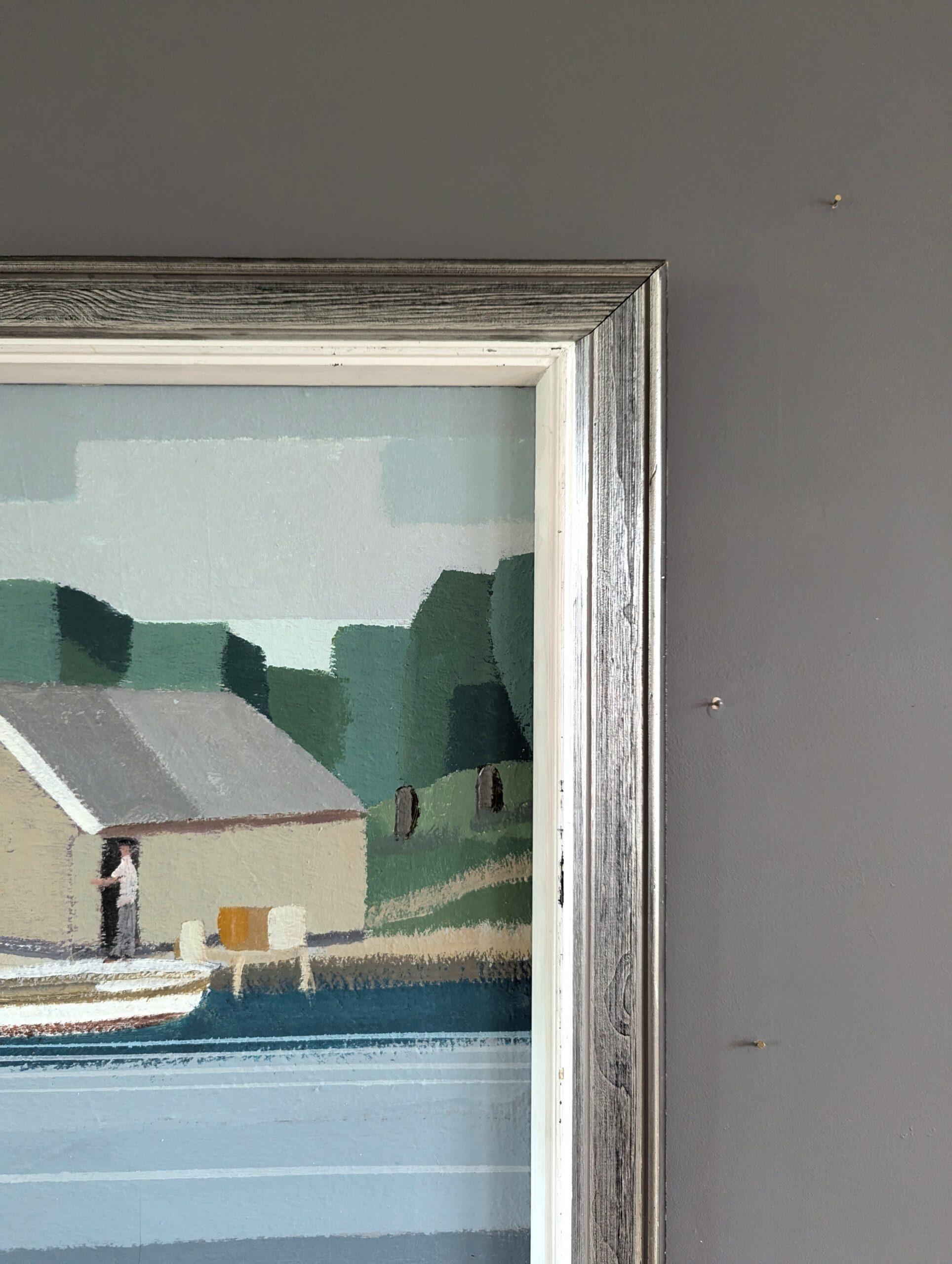 1991 Modernist Vintage Schwedisch Original Landschaft Ölgemälde - The Boathouse im Angebot 3