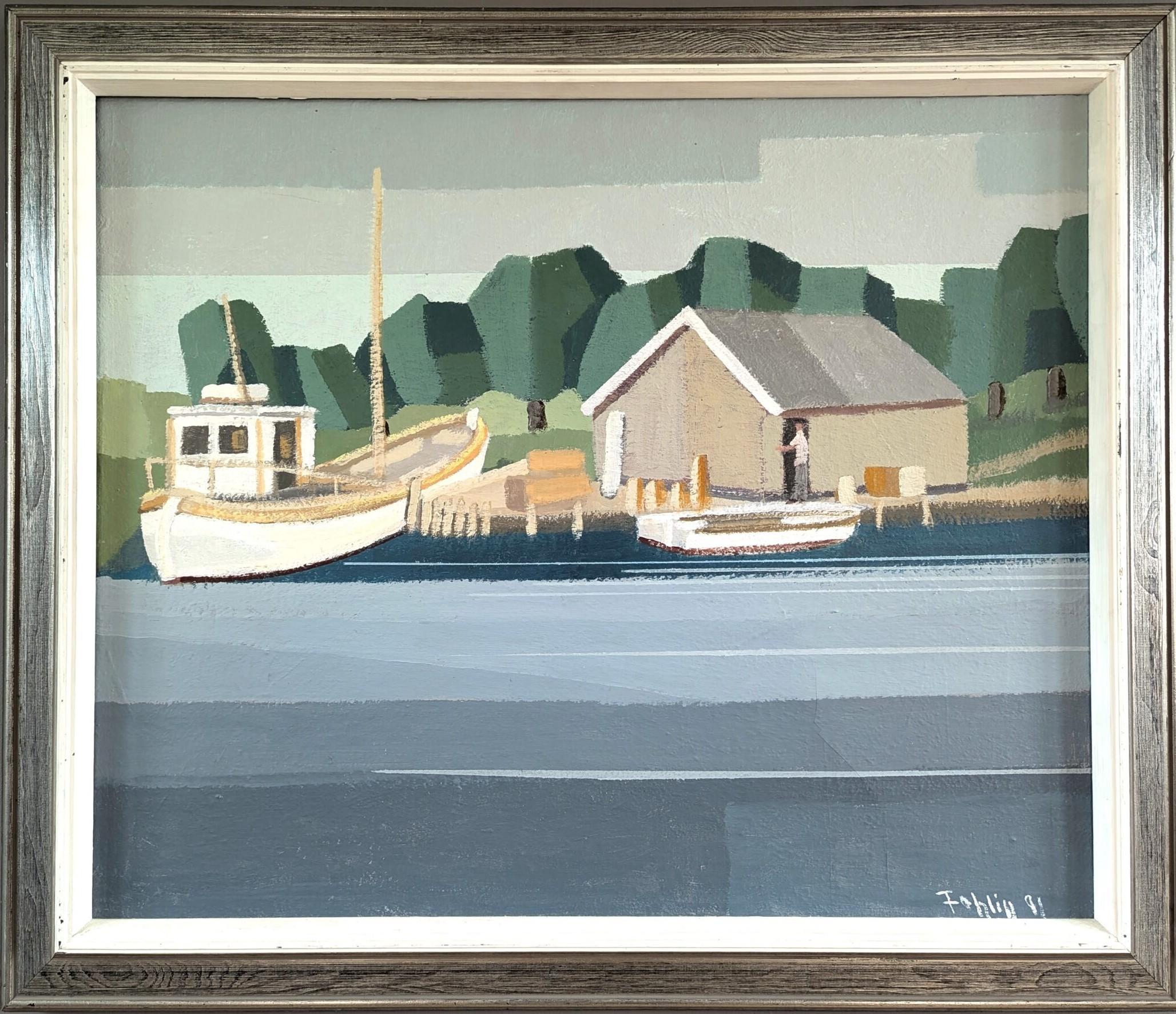 1991 Modernista Vintage Sueco Original Paisaje Pintura al óleo - El cobertizo para botes