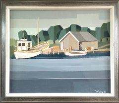1991 Modernist Vintage Swedish Original Landscape Oil Painting - The Boathouse