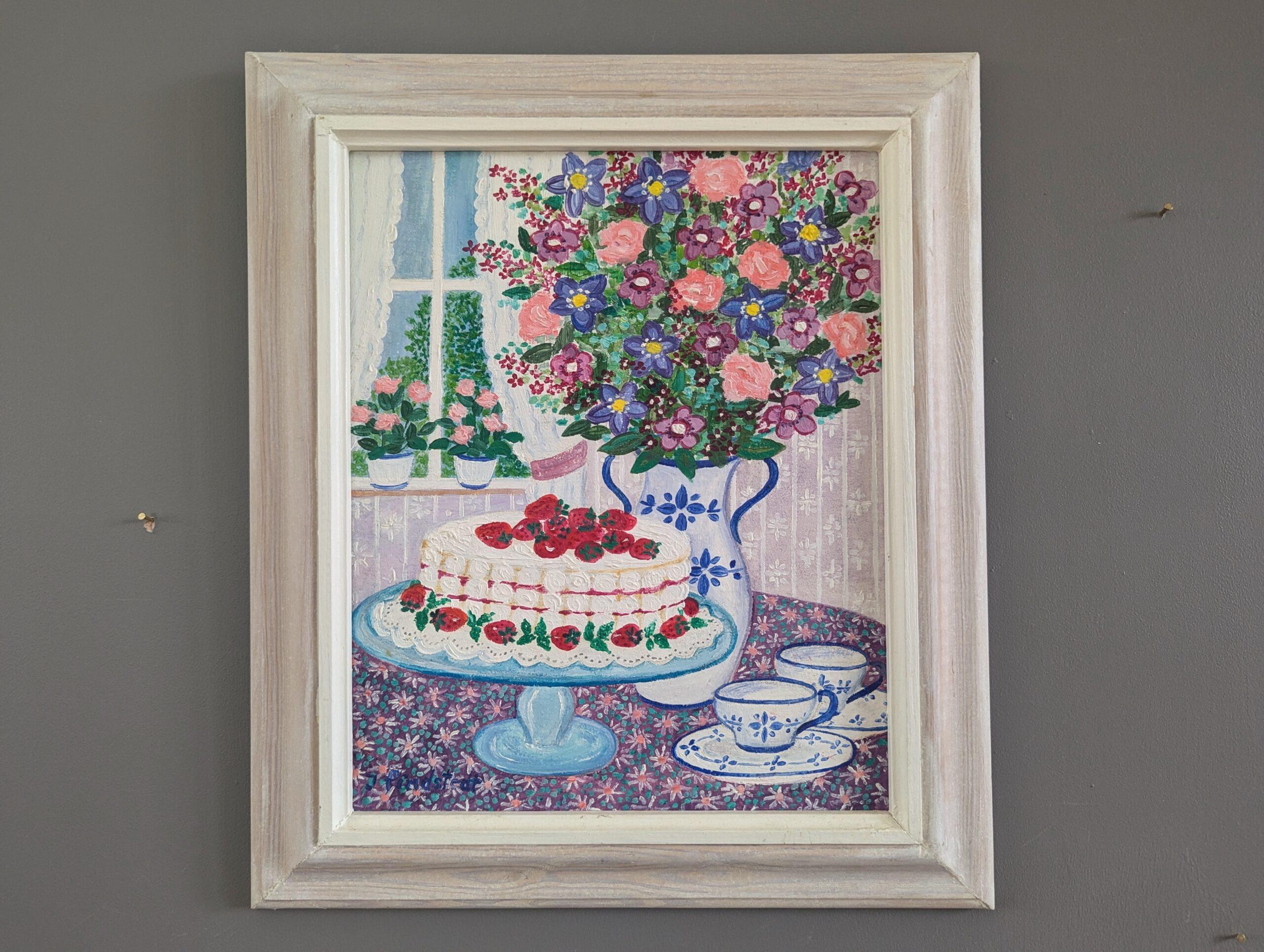 1991 Vintage Original Swedish Mini Still Life Oil Painting - Cake & Blooms - Gray Still-Life Painting by Unknown