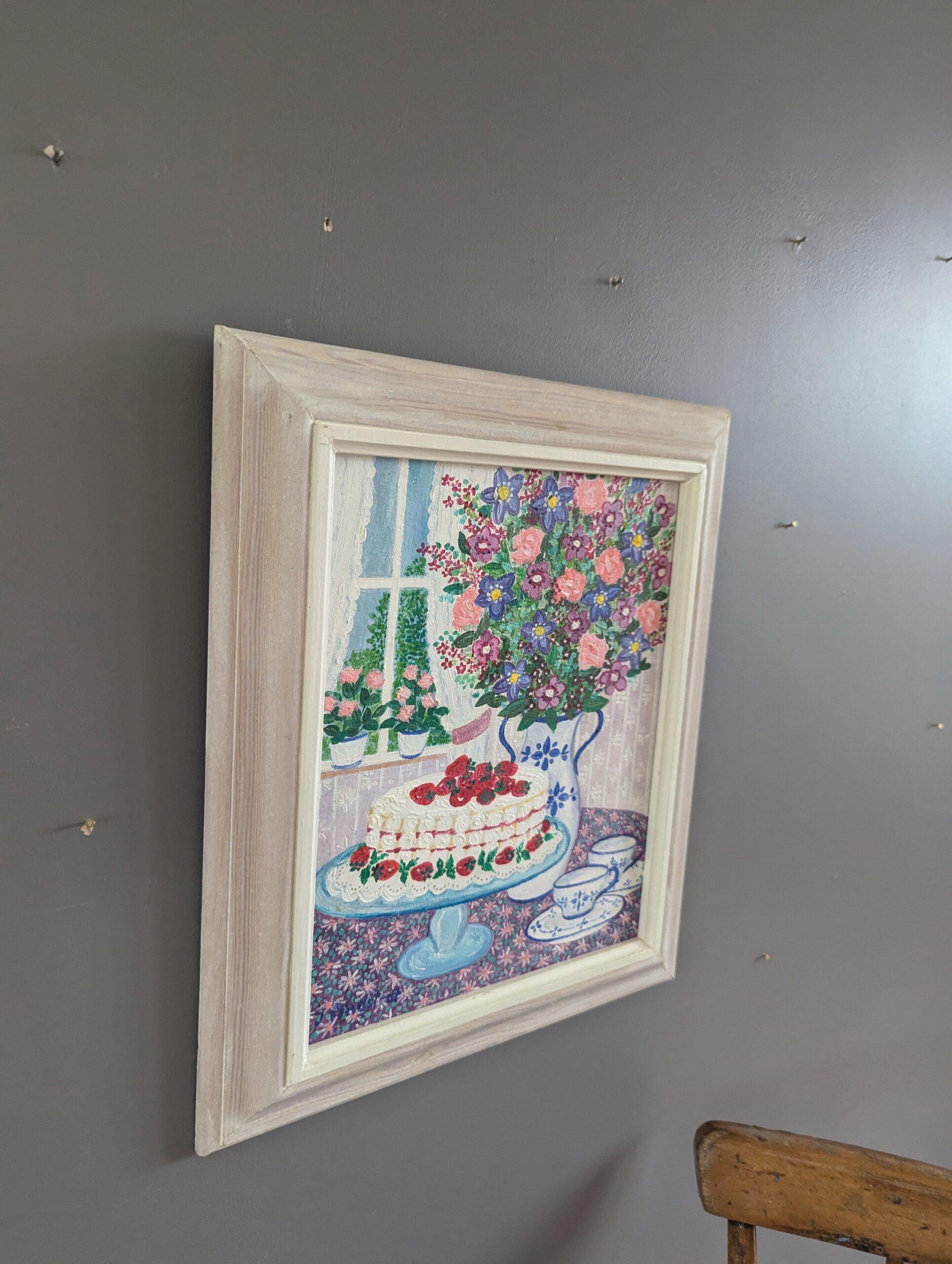 1991 Vintage Original Swedish Mini Still Life Oil Painting - Cake & Blooms For Sale 1
