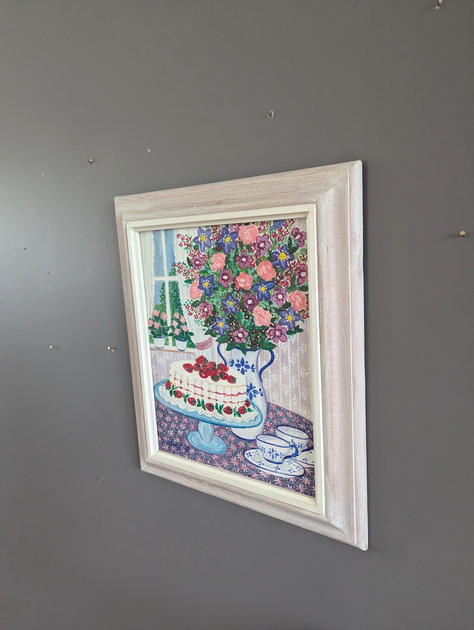 1991 Vintage Original Swedish Mini Still Life Oil Painting - Cake & Blooms For Sale 2