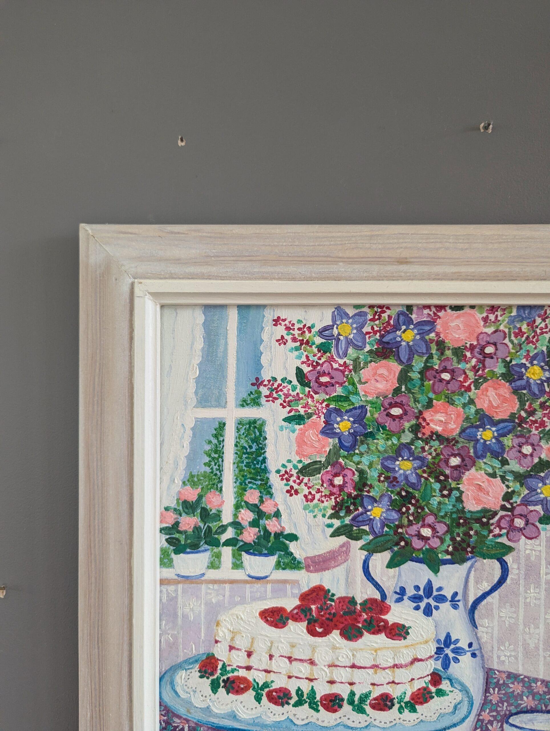 1991 Vintage Original Swedish Mini Still Life Oil Painting - Cake & Blooms For Sale 3